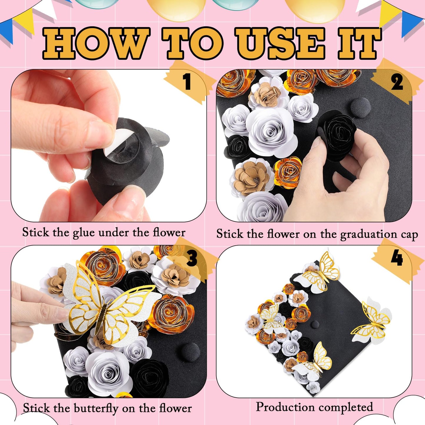 Dinifee 36 Pcs DIY Graduation Cap Decorations Accessory Kit Include Faux Paper Flower Heads 3D Butterfly Grad Cap Mini Paper Flowers Decorations for Grad Cap Topper DIY Graduation Gift(Black, Gold)