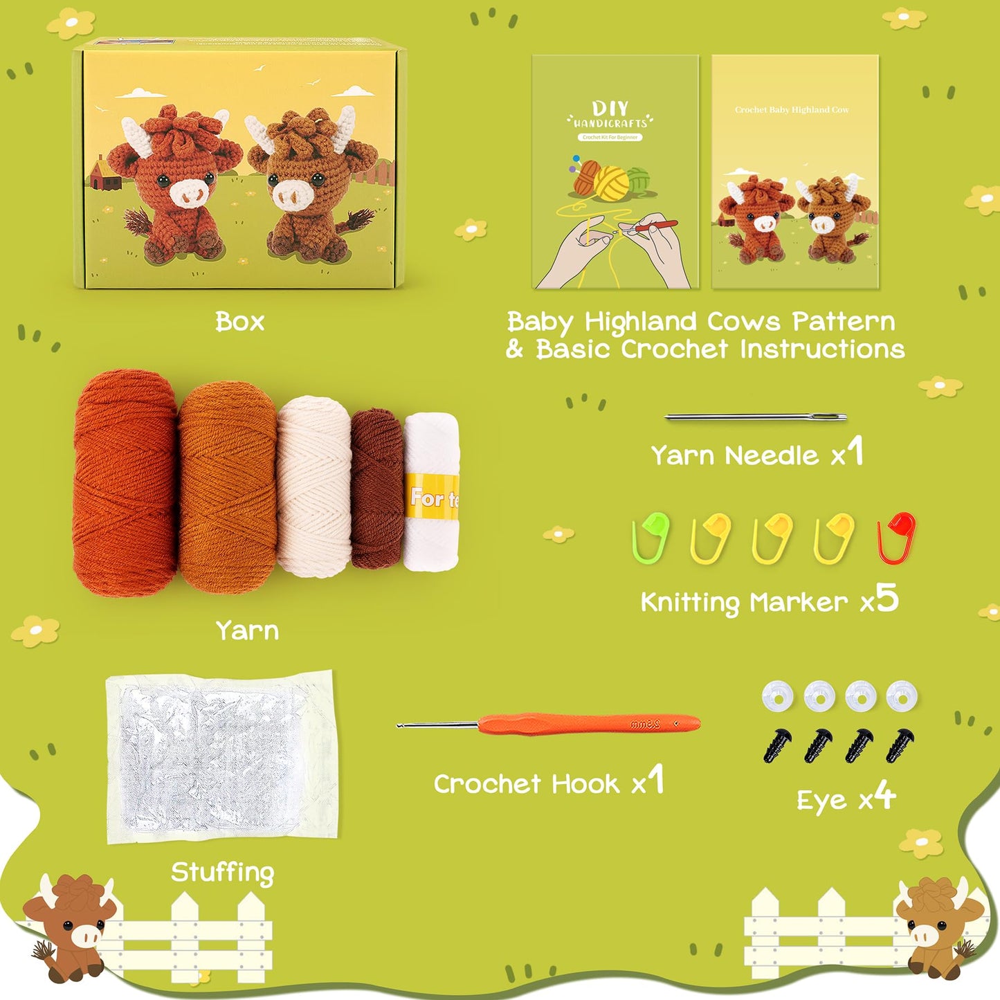 Highland Cow Crochet Kit for Beginners - 2PCS Animals Crochet Kit with Step-by-Step Video Tutorials, Highland Cows Crocheting Kit, Crochet Starter Kit for Adults, Animal Knitting Kit for Birthday