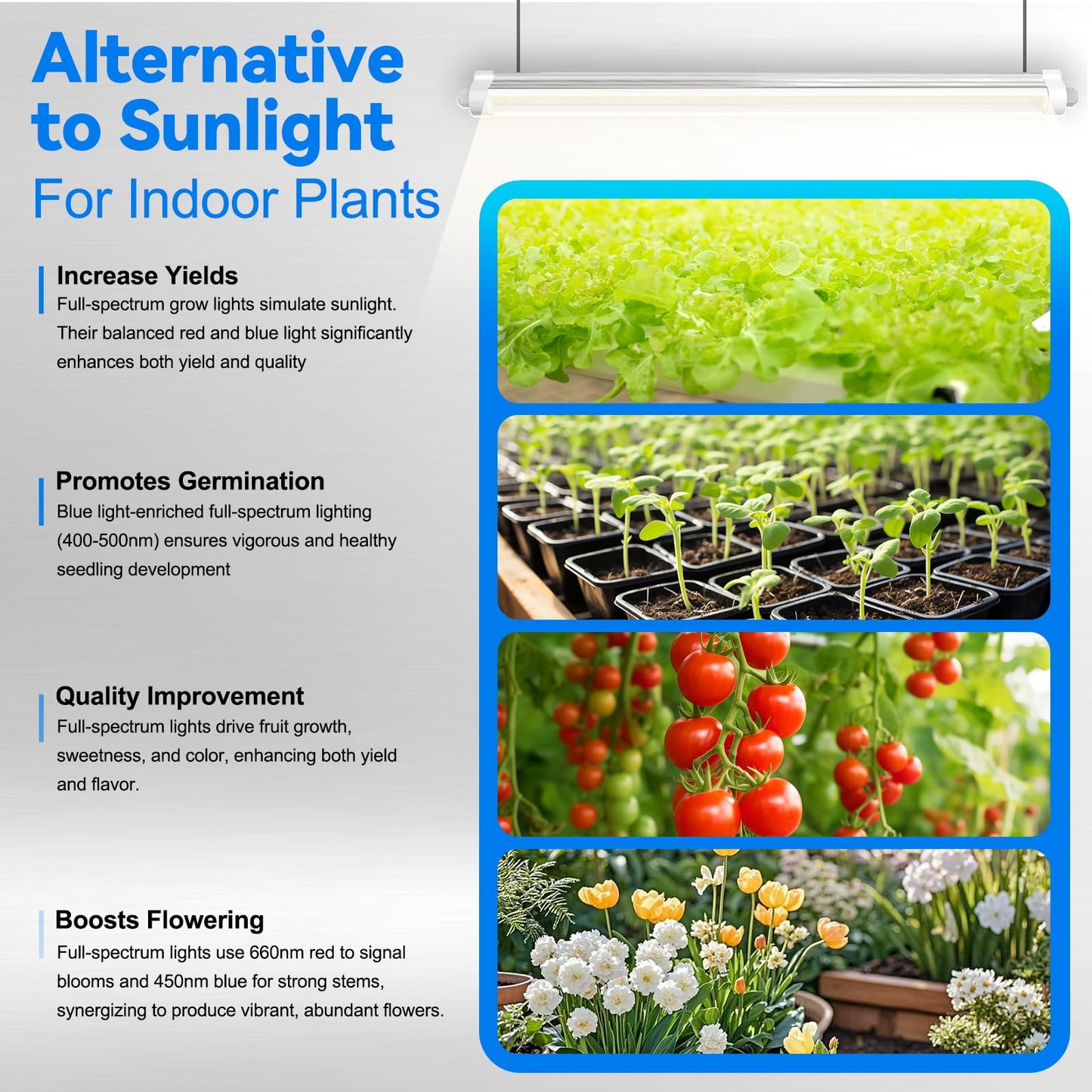 JESLED Waterproof Grow Lights for Indoor Plants, 2FT Sunlight Full Spectrum 5000K LED for Seed Starting, Seedling & Vegetables, 48W(2 X 24W,300W Equiv), Linkable Grow Light Strip with Switch, 2P