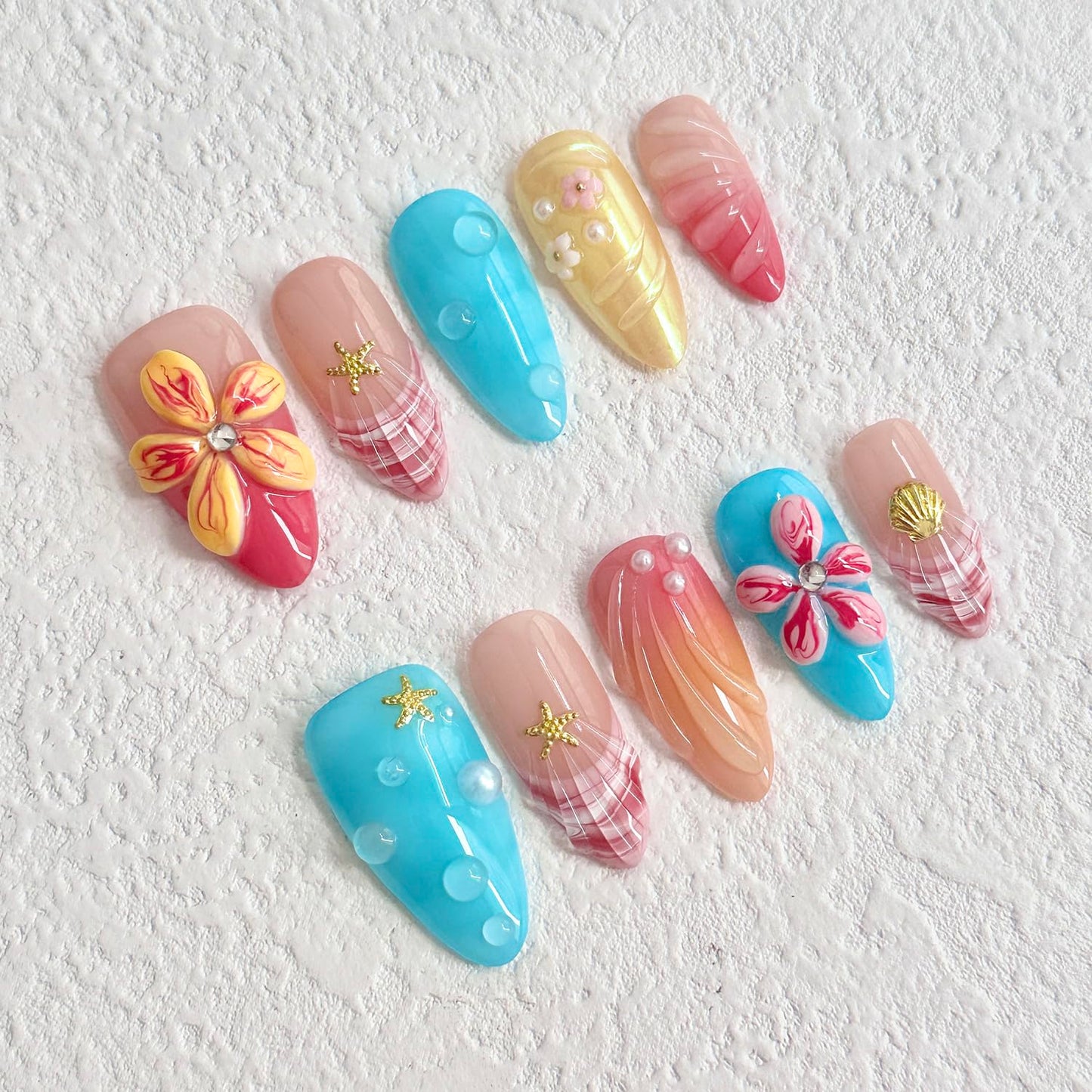 Luxury Press on Nails Medium Almond Handmade 3D Unique Reusable ABS Material Fake Nails French Tip False Nails with Designs Flower Hawaii Ocean Art Petal Glossy Glue on Nail Thick Acrylic Nail(S)