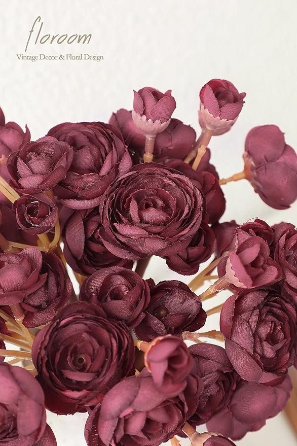 Floroom Ranunculus Artificial Flowers 18 Pcs Burgundy Faux Silk Mini Ranunculus Bulk Fake Wedding Filler Flowers for DIY Red Bouquets, Centerpieces, Bridal Shower Decorations & Arrangements