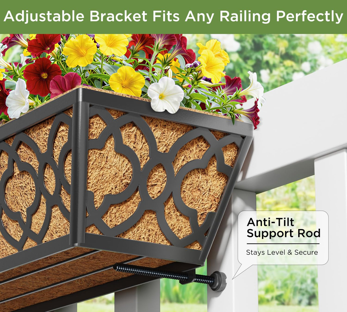 Y&M 36 Inch Window Deck Planter with Coco Liner, Metal Hanging Flower Boxes for Fence, Railing, Balcony, and Outdoor Garden Lawn – 2pcs