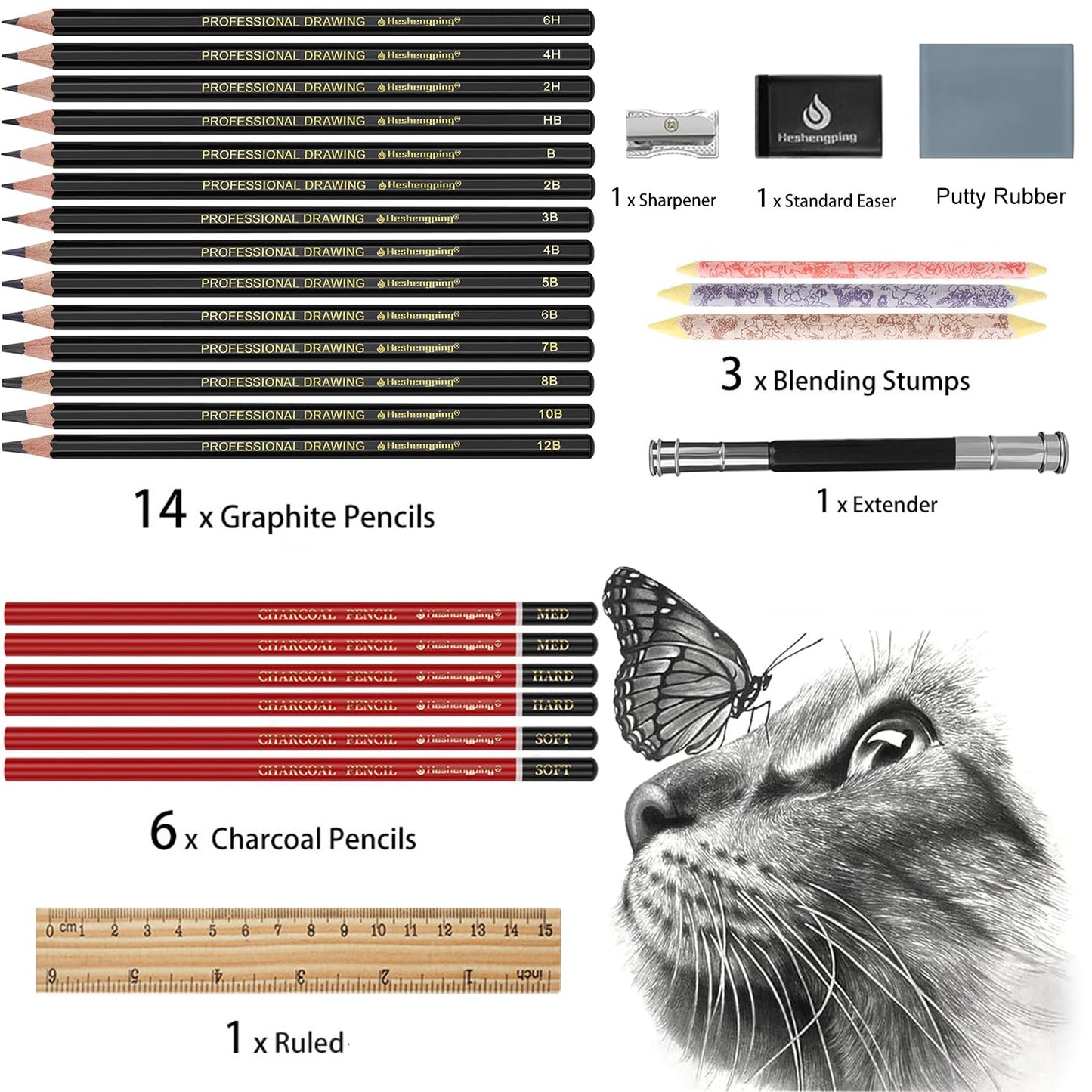 Heshengping Drawing Pencils Sketch Pencil Art Supplies Set for Adults beginners Professional Sketching Art Graphite Charcoal Blending Stump Pencils kit