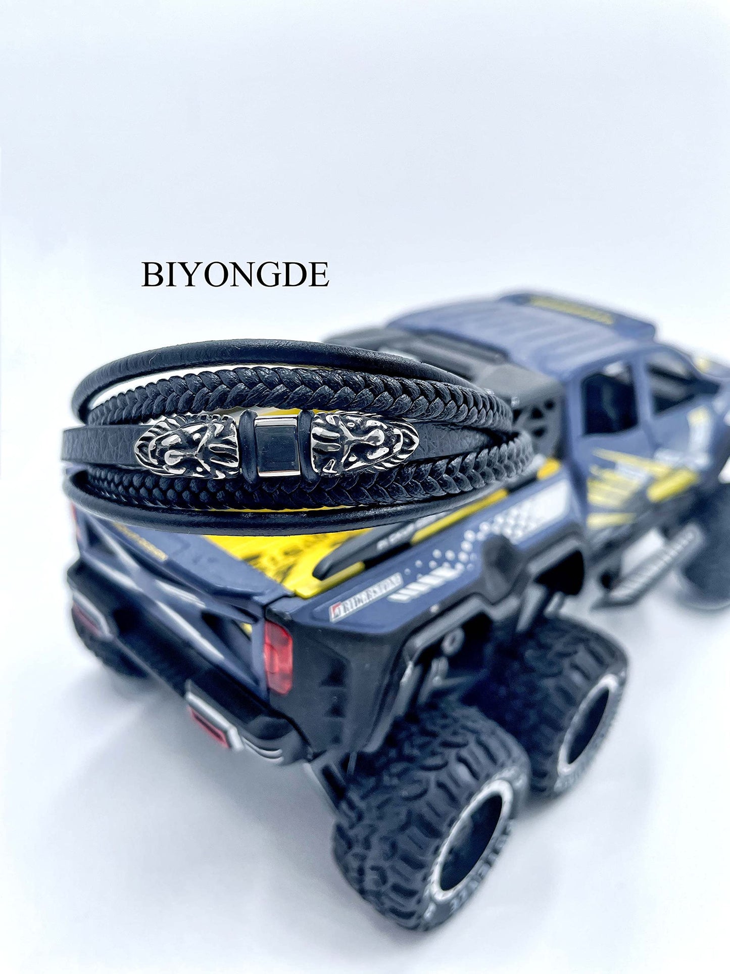 BIYONGDE Mens Stainless Steel Vintage Double Lion Heads Multi-strand Black Leather Bangle Bracelet, Minimalist Classic