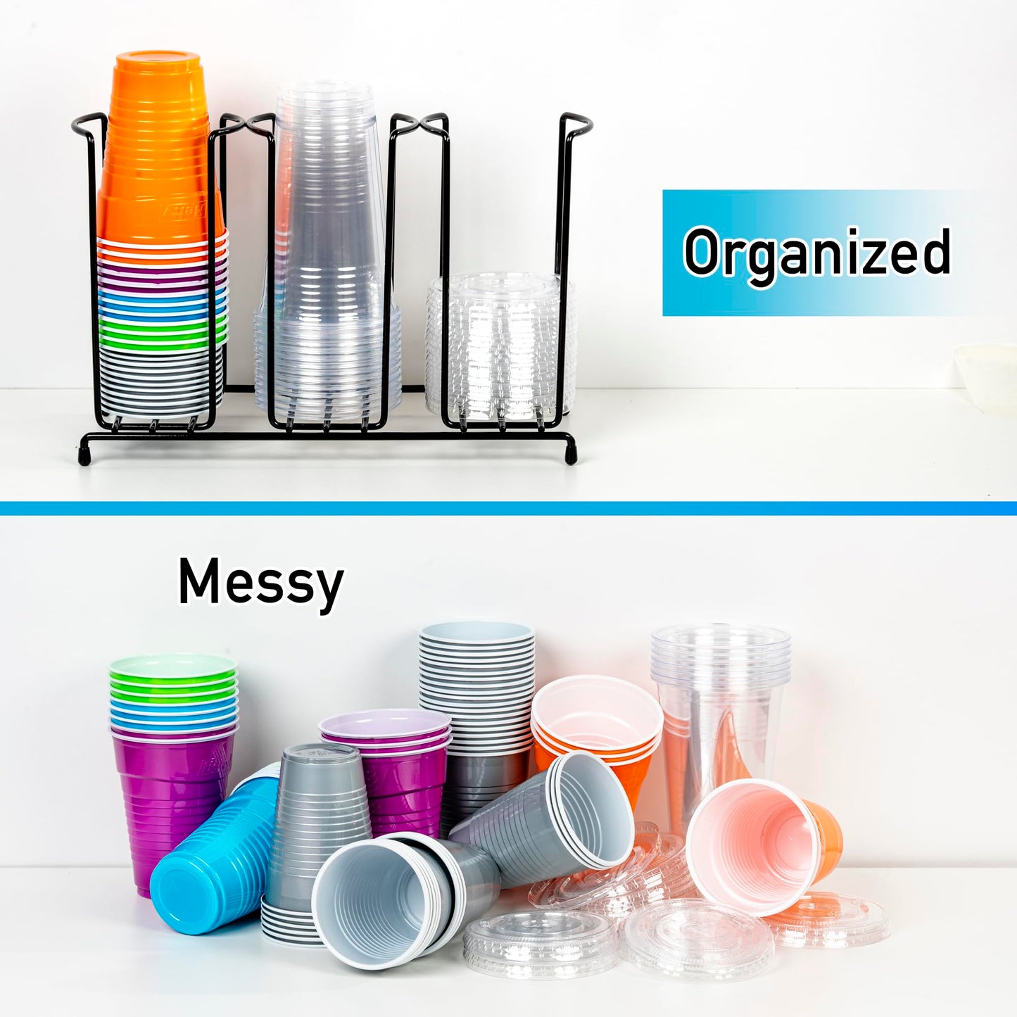 Inevibe Wire Frame Cup and Lid Organizer, 3 Compartment Metal Rack Design Storage Holder for Plastic, Coffee Beverage Cups