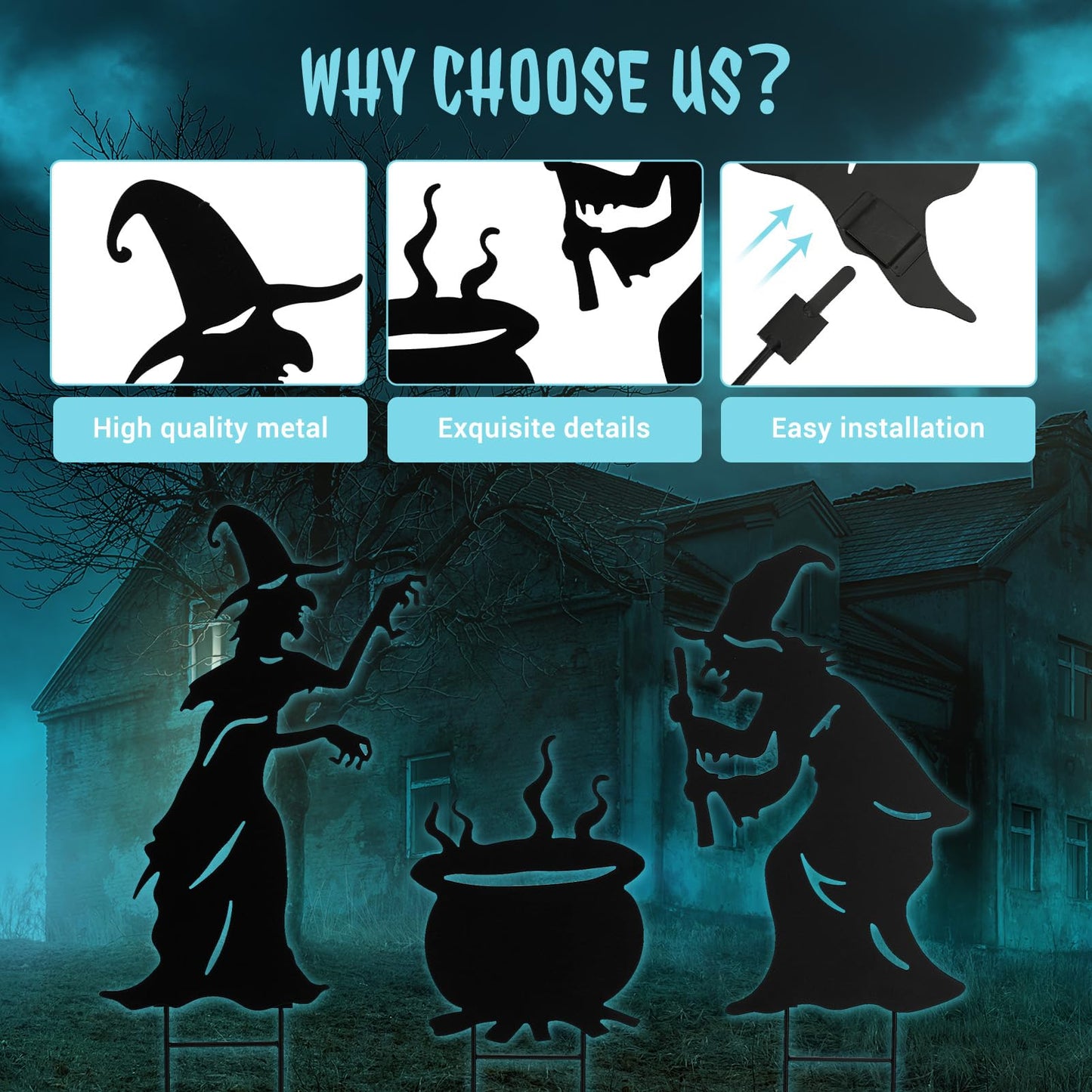 Halloween Witch Yard Decorations Witch Silhouette Yard Stakes with Cauldron,Set of 3 Metal Halloween Yard Stakes for Spooky Decorations Garden Lawn