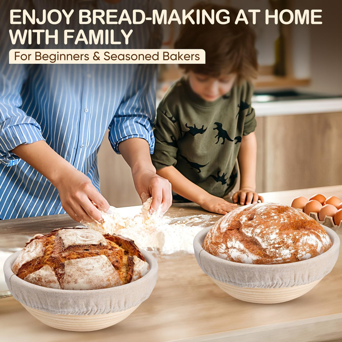 TeamFar Bread Proofing Basket Set of 2, Sourdough Bread Baking Supplies, 9 Inch Round Proofing Baskets for Sourdough Bread Baking, Proofing Bowls with Liner for Dough Fermentation