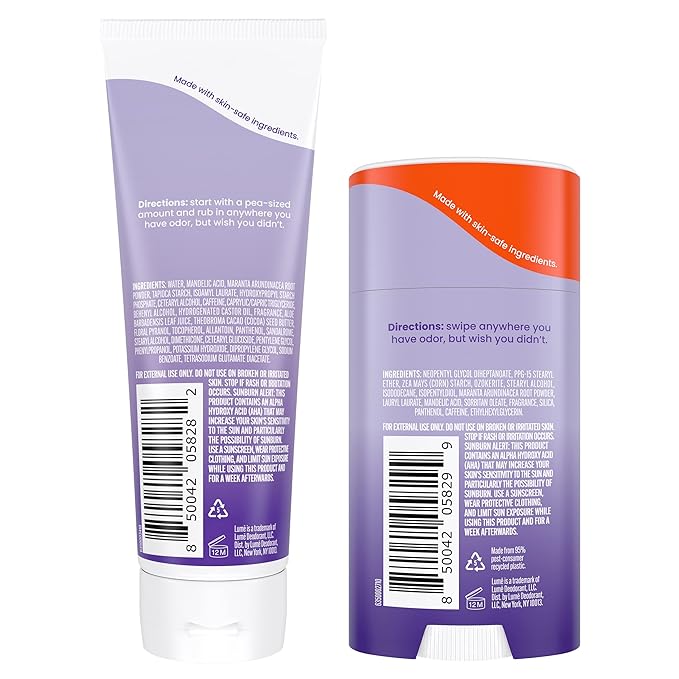 Lume Whole Body Deodorant - Invisible Cream - 72 Hour Odor Control - Aluminum Free, Baking Soda Free, Skin Safe - 3.0 Ounce Tube and 2.6 Ounce Solid Stick Bundle (Soft Powder)
