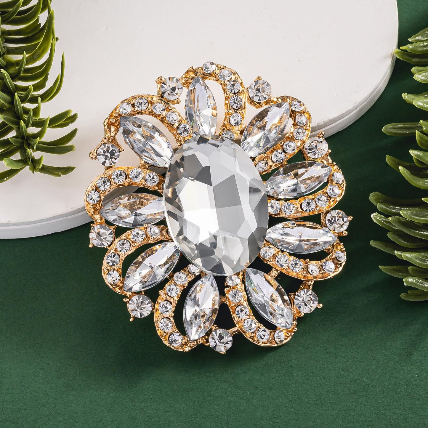 SELOVO Crystal Brooch with Oval Center Stone Sparkling Rhinestone Vintage Flower Design Wedding Bridal Pin Gold Tone
