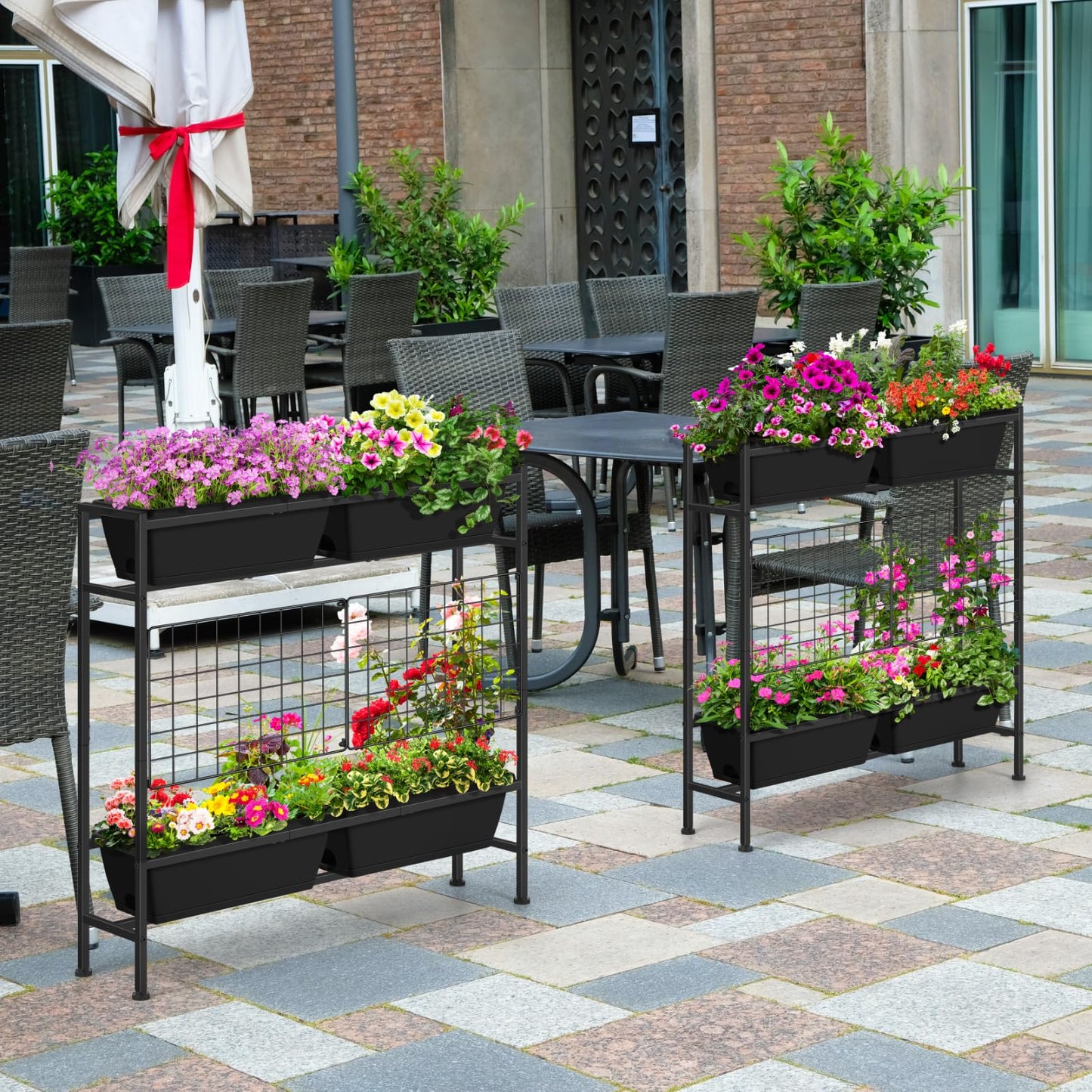 OYEAL Raised Garden Bed 32" Tall Elevated Planter Boxes with Trellis & Railing Planter Box Outdoor 4 Pack Hanging Balcony Planters