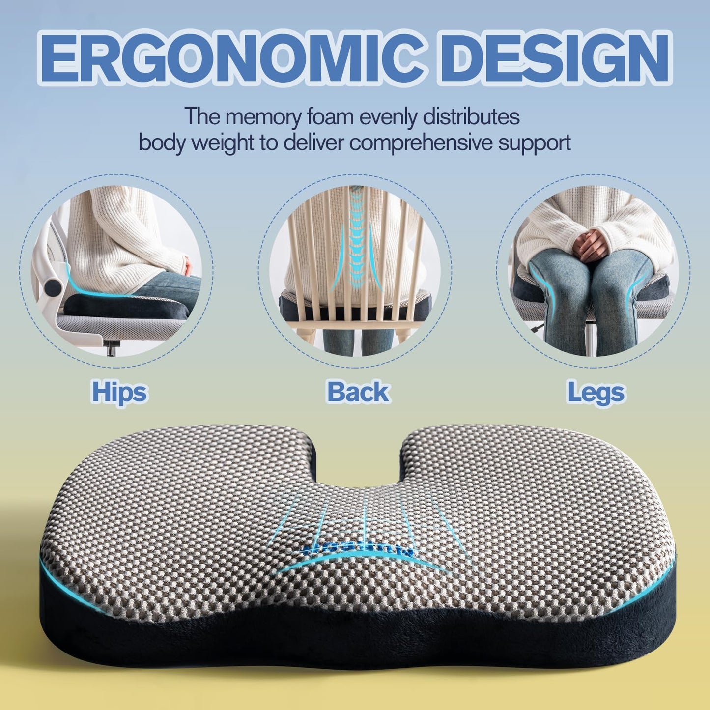 Mureon Seat Cushion for Office Chairs, Large Memory Foam Cushion for Car, Pressure Relief Ergonomic Chair Cushion with Non-Slip Cover for Soft Support for Hip All Day Comfort - Grey