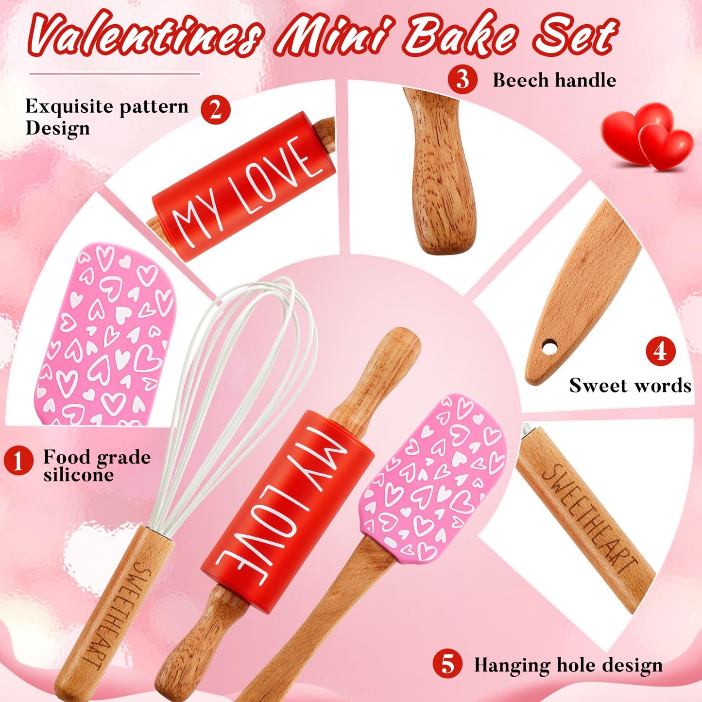 Fuutreo Valentines Holiday Mini Bake Set with Mini Spatula, Whisk and Rolling Pin, Sweetheart Pattern, Heat Resistant, Valentine Sweet Gift Bake Set for Baking Cooking Sauteing Mixing Serving Stirring