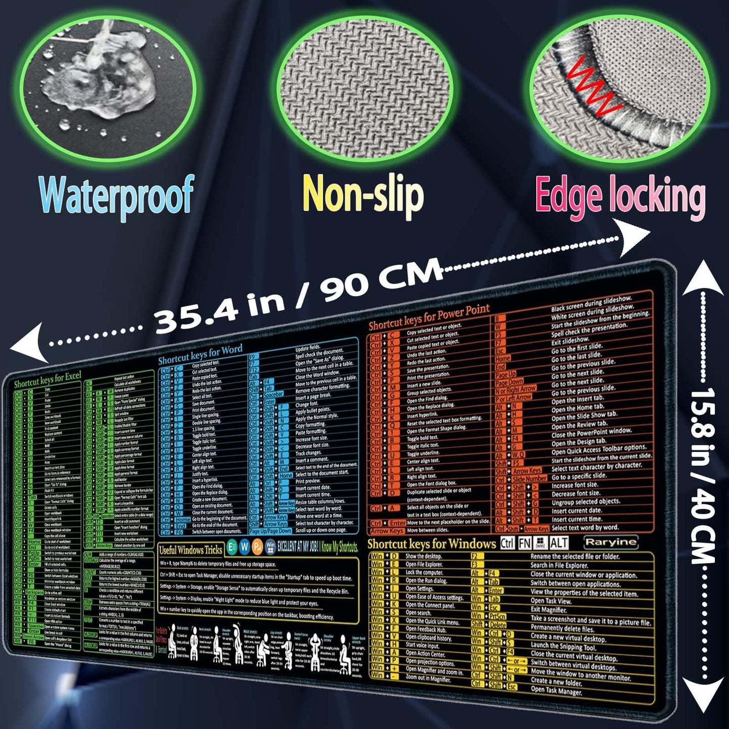 Raryine Excel/Word/Power Point/Windows Mouse pad,Non-Slip&Waterproof Large Gaming Office pc Desk mat(XXL 35.4x15.8 in),Over 200 Keyboard Shortcuts Mousepad