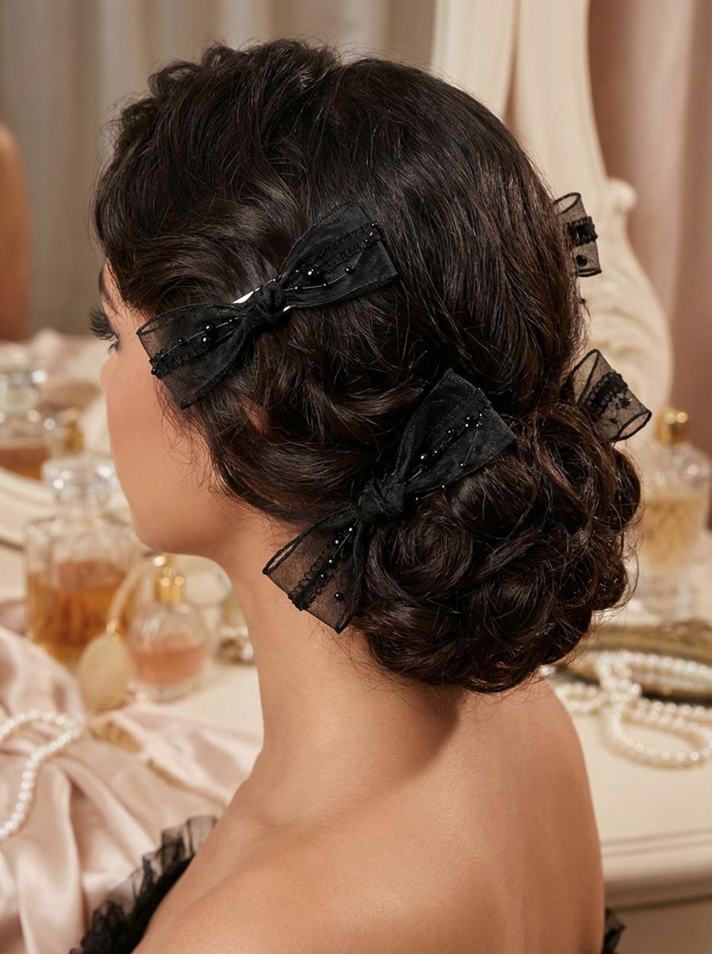 15 Yards Black Beaded Trim Set Black Elastic Lace Meash Lace Ribbon for Crafts Home Decor