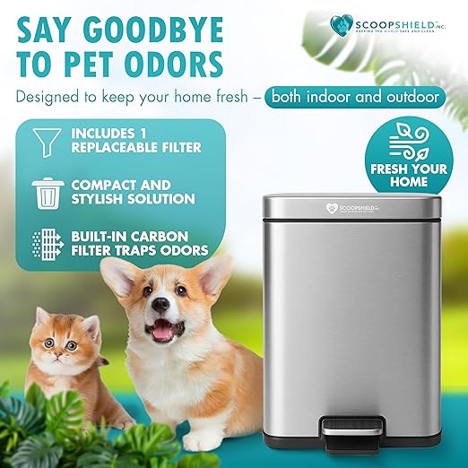 ScoopShield 6L Outdoor and Indoor Pet Waste Container, (with one Charcoal Filter), Stainless Steel Can. Lid Opens with Push Step. 12 in x 10 in x 8 in Dimension.
