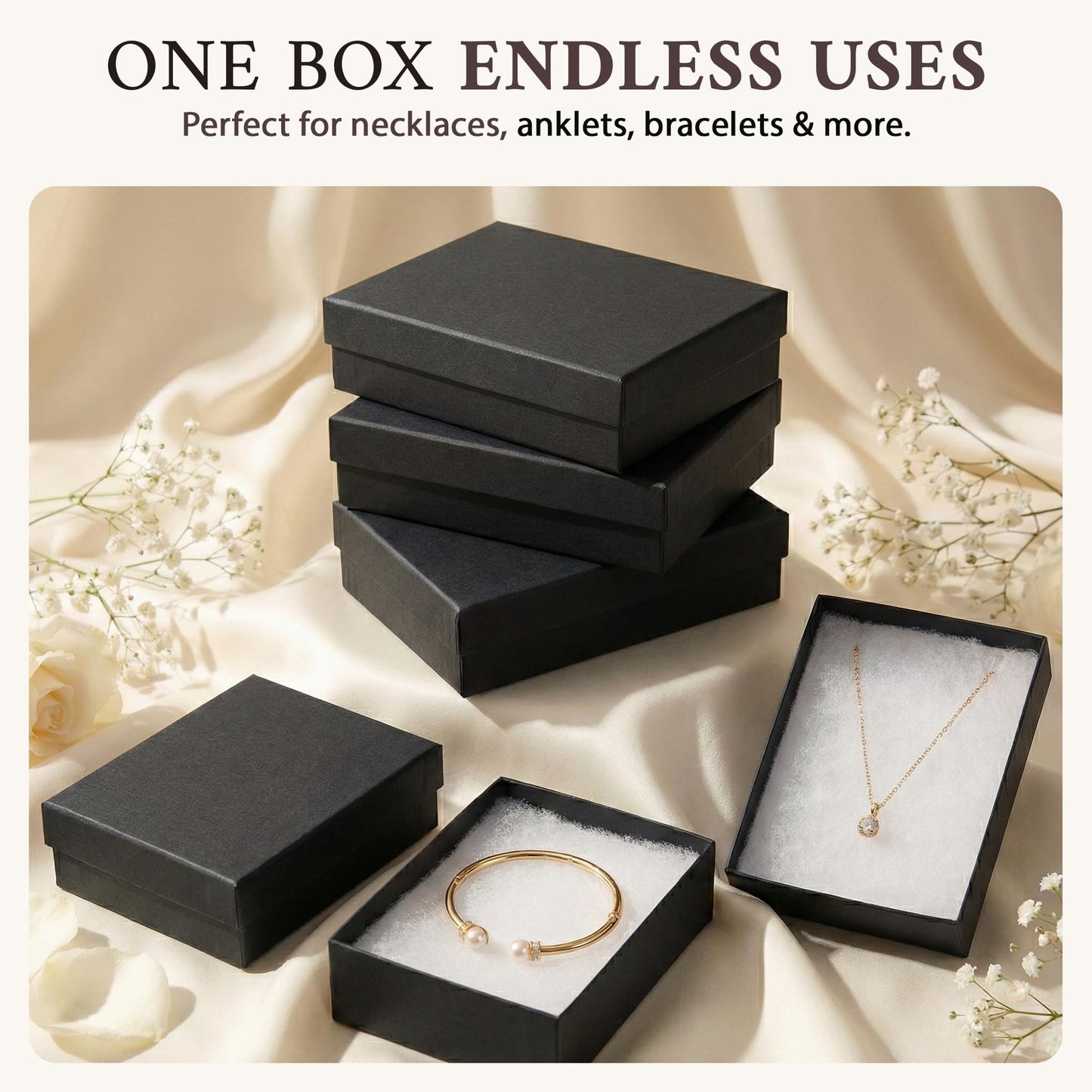 RJ Displays 6 Pack Jewelry Gift Boxes 5.25 x 3.75 x 1 Inch Black Matte Cotton Filled Cardboard Box with Lid, Small Jewelry Packaging for Necklace Bracelet Earrings Bulk Gift Boxes