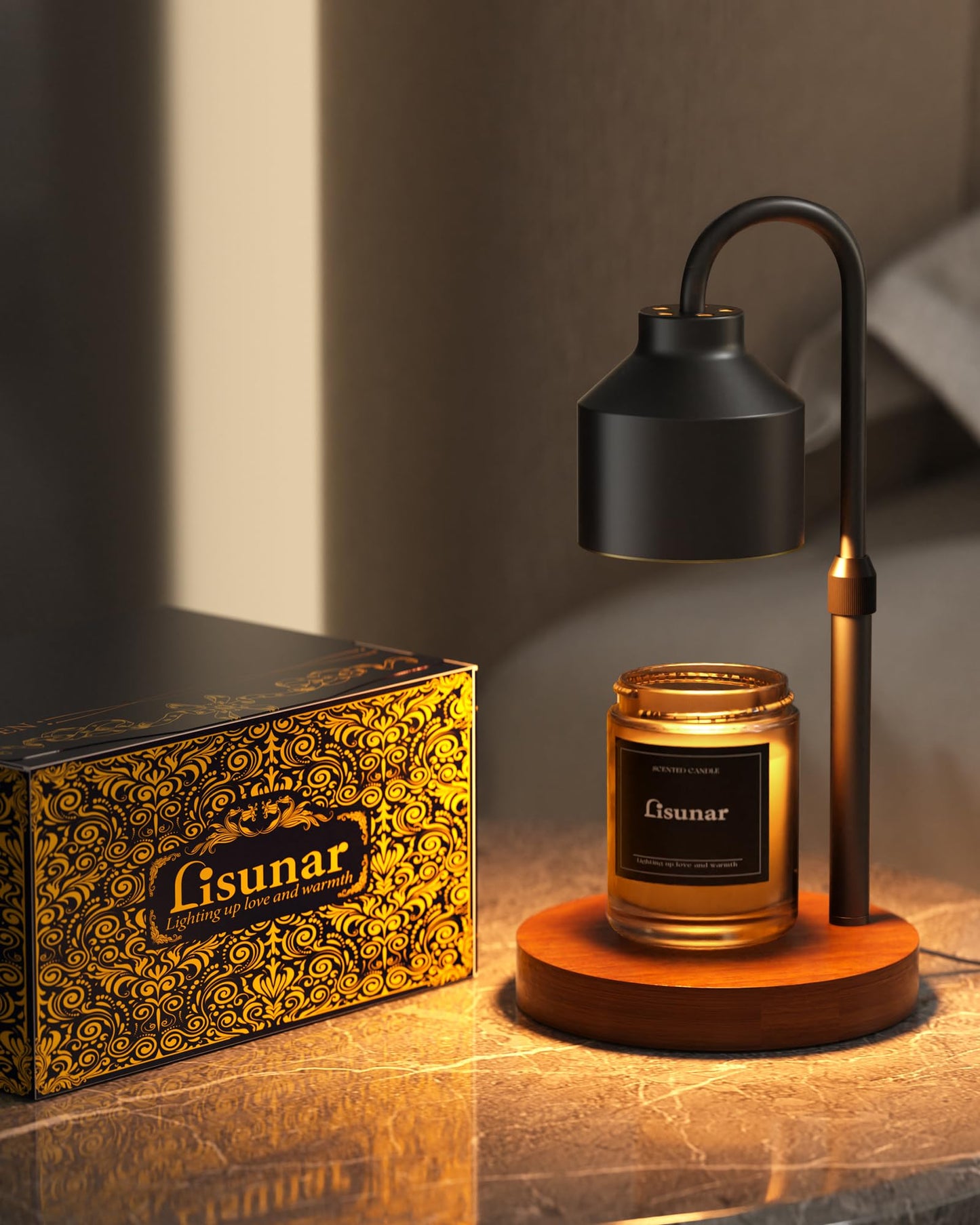 LISUNAR Electric Candle Warmer Lamp Black, Candle Lamp Warmer with Timer, Wax Warmer Lamp for Jar Candles, Adjustable Height Candle Light Warmer with 2 Bulbs
