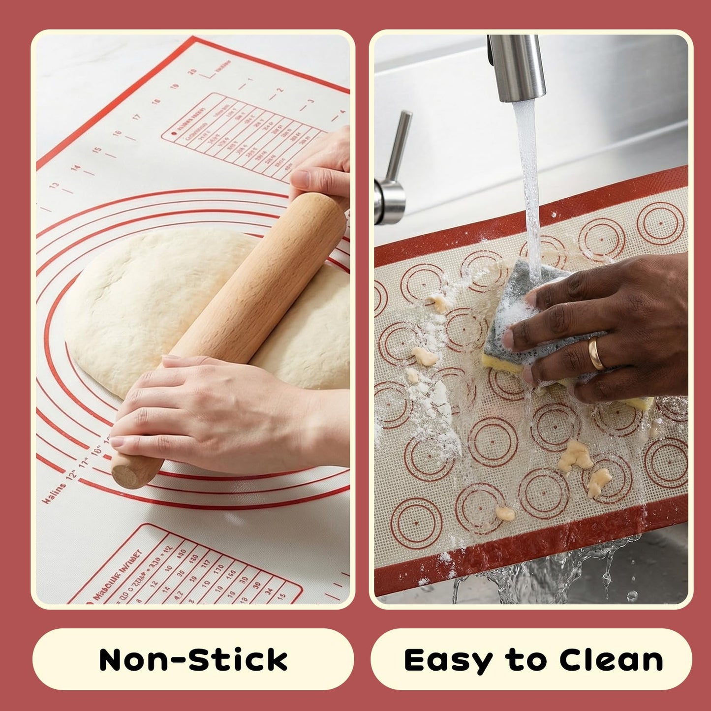 HEIFAM Non-stick Silicone Baking Mat Set of 7, Large Baking Silicone Mat Oven Liner Sheet Reusable, Round Square Cake Mats Tools Accessories, Baking Mats with Measurements for Macaron Dough Pastry red