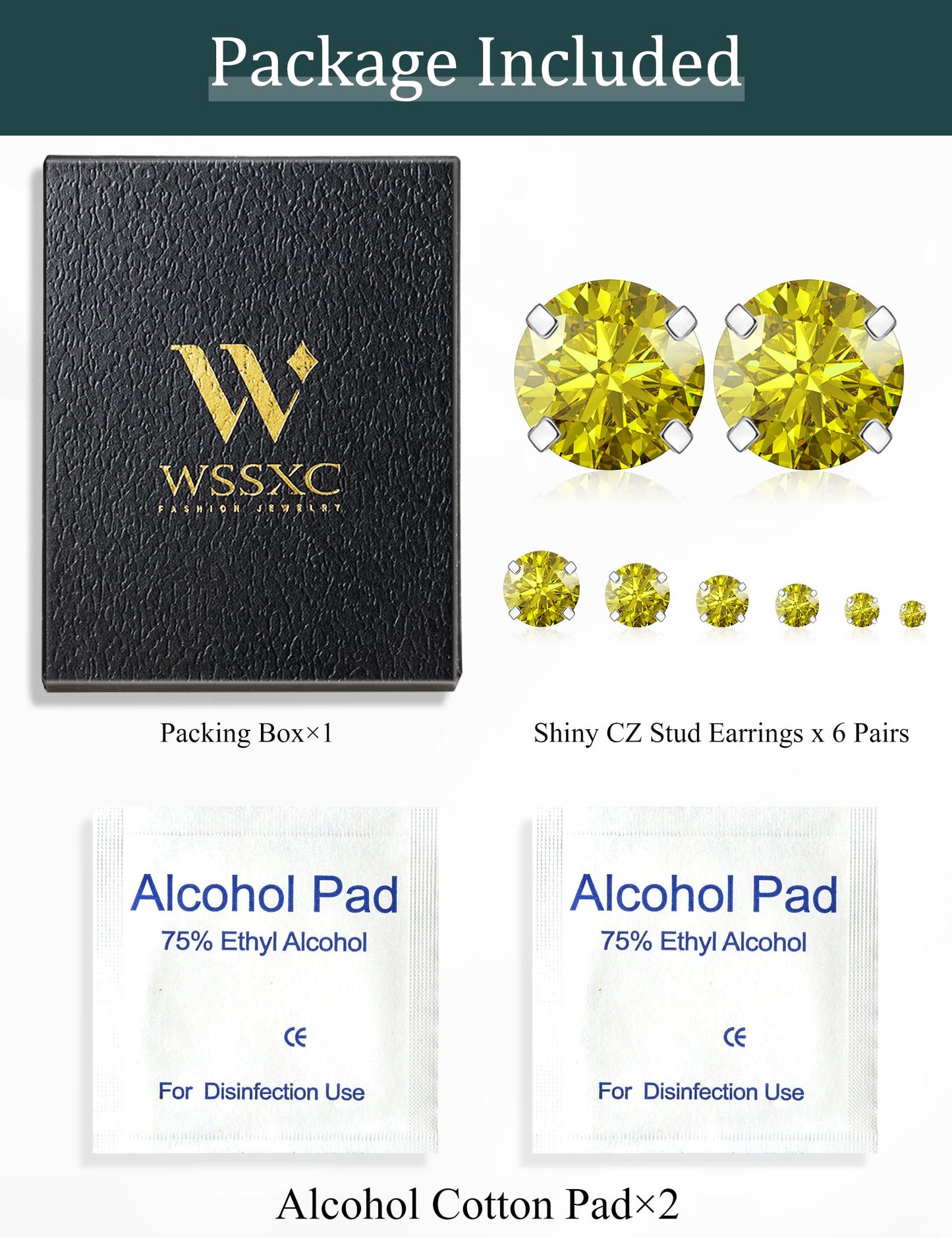 6 Pairs Stud Earrings Set Hypoallergenic Cubic Zirconia 316L Earrings Stainless Steel Earrings for Women (Yellow)