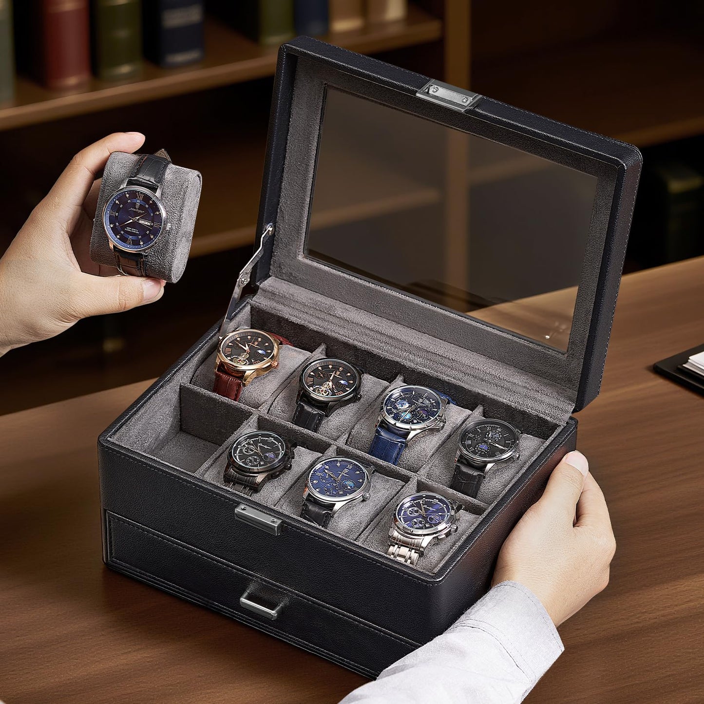 ProCase Watch Box for Men, Jewelry Organizer Box with Drawer, Display Storage Case with Glass Lid -Black, 8 Slot