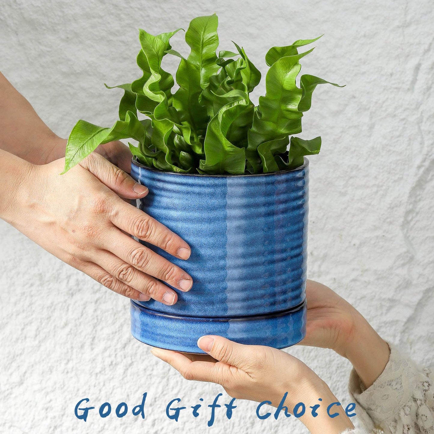 HASENSE 3 Piece Ceramic Plant Pots, 8/6/4.6 Inch, Indoor Pot for Plants with Drainage Holes and Saucer, Modern Flower Planter for Home Office, Rective Glaze Blue