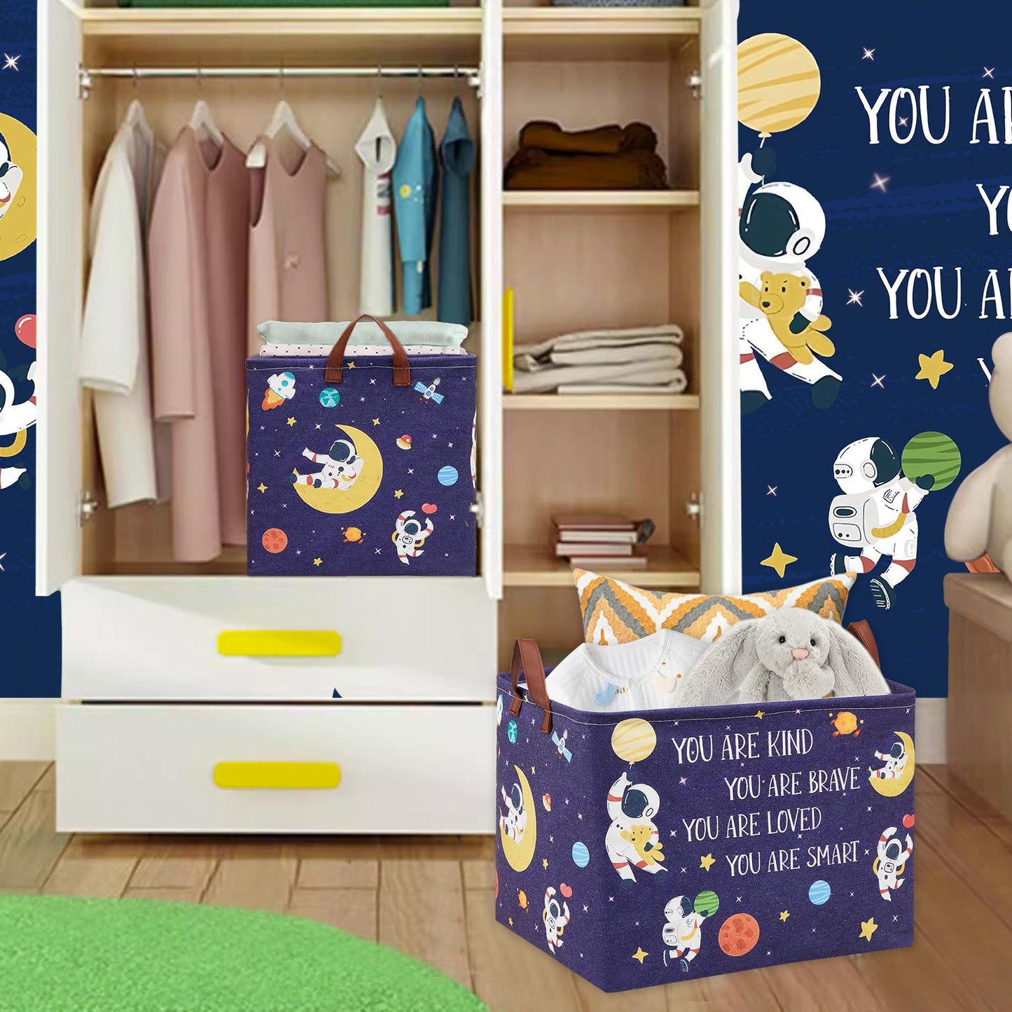 XHWZOF Space Room Decor Kid Storage Box,Boys Astronaut Planets Stars Organizer Toy Box Bin, Galaxy Spaceman Outer Space Blue Laundry Hamper for Baby Bedroom Classroom Nursery