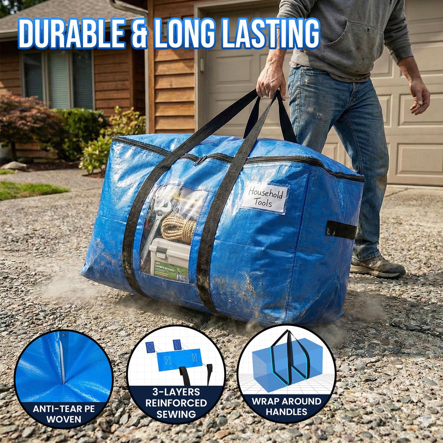 TAILI Extra Large Moving Bags, 4 Pack Blue Heavy Duty Totes For Storage with Visible Window, Wrap Around Handles, Storage Bags for Space Saving, Alternative to Moving Boxes