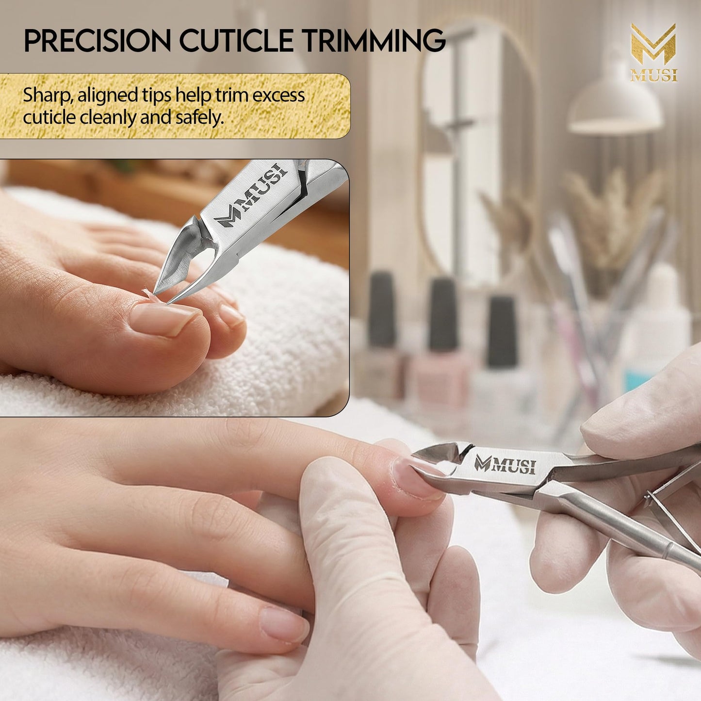 MUSI 3 PC Cuticle Trimmer Clippers & Pusher, Trim Cuticles & Remove Dead Skin for Manicure & Pedicure and Groom Fingernails & Toenails with Sharp, Efficient Cuticle Nipper Kit Men & Women