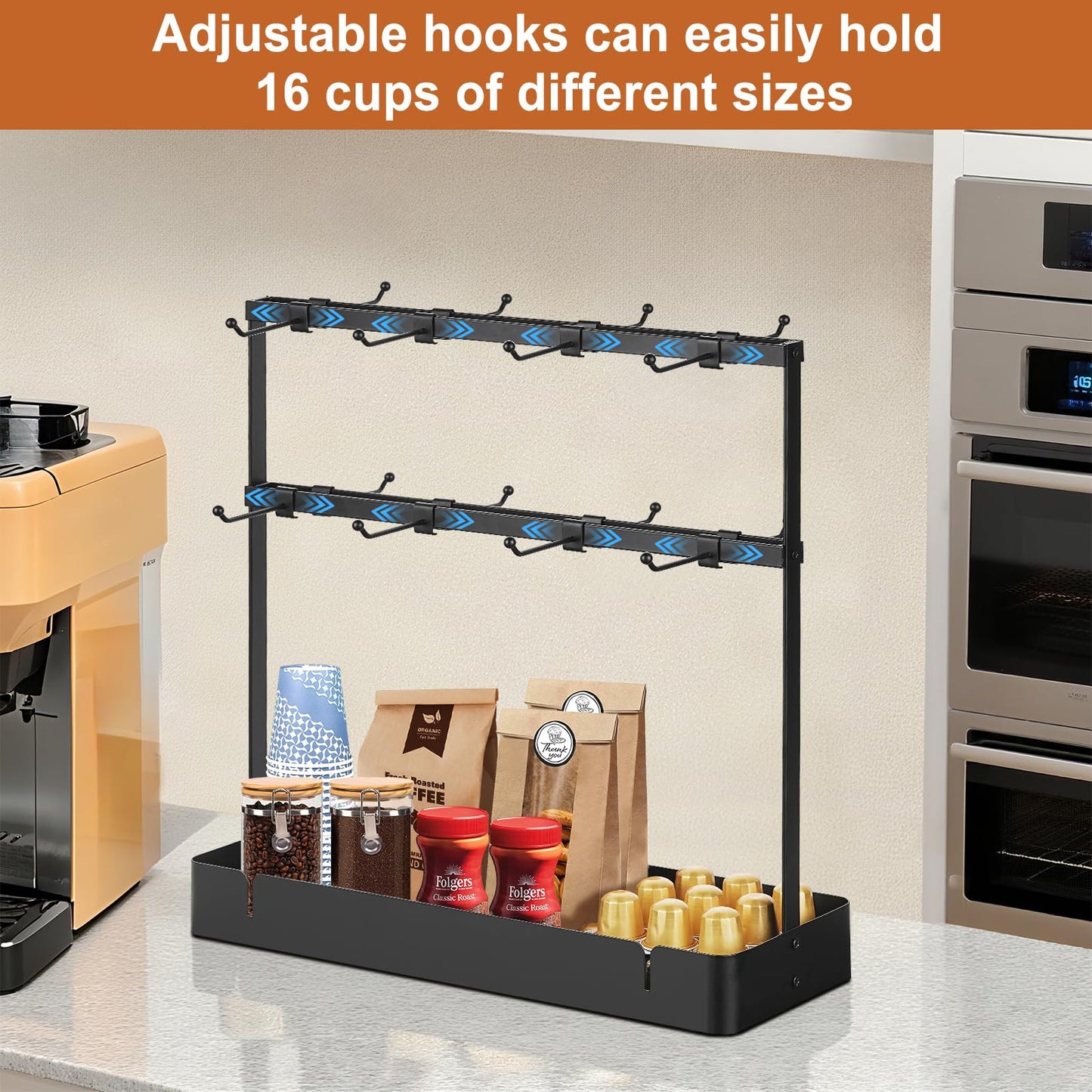 CWYEYE Coffee Mug Holder for Countertop, Cup Holder Rack with Slidable 16 Hooks, Large Mug Holder with Storage Base for Coffee Bar, Kitchen, Dining Room - Black
