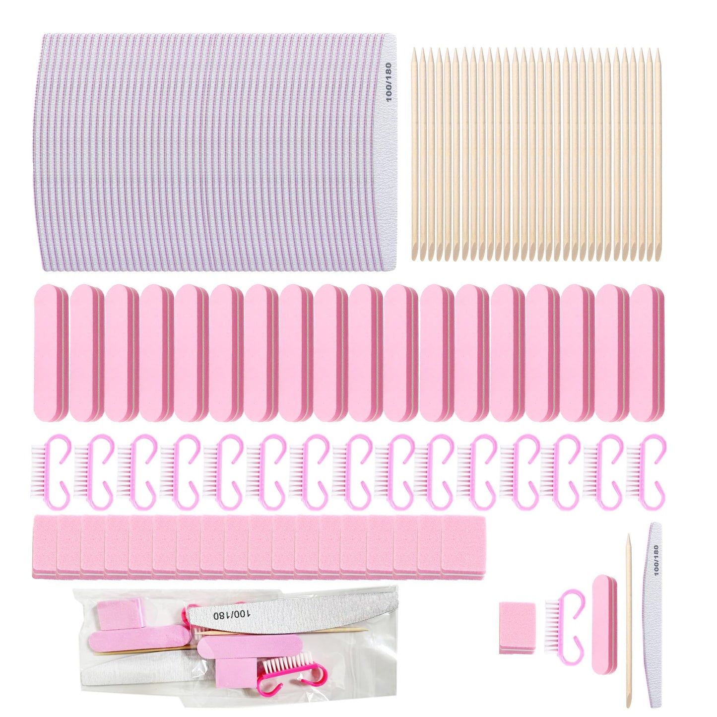 DONGYUNAI 20 Sets Disposable Manicure Kit, Portable Basics 5 Pieces Nail Kit, Mini Buffer Block Nail File, Handle Grip Brush, Wood Stick Press On Nail Tool Kit for Acrylic and Natural Nails