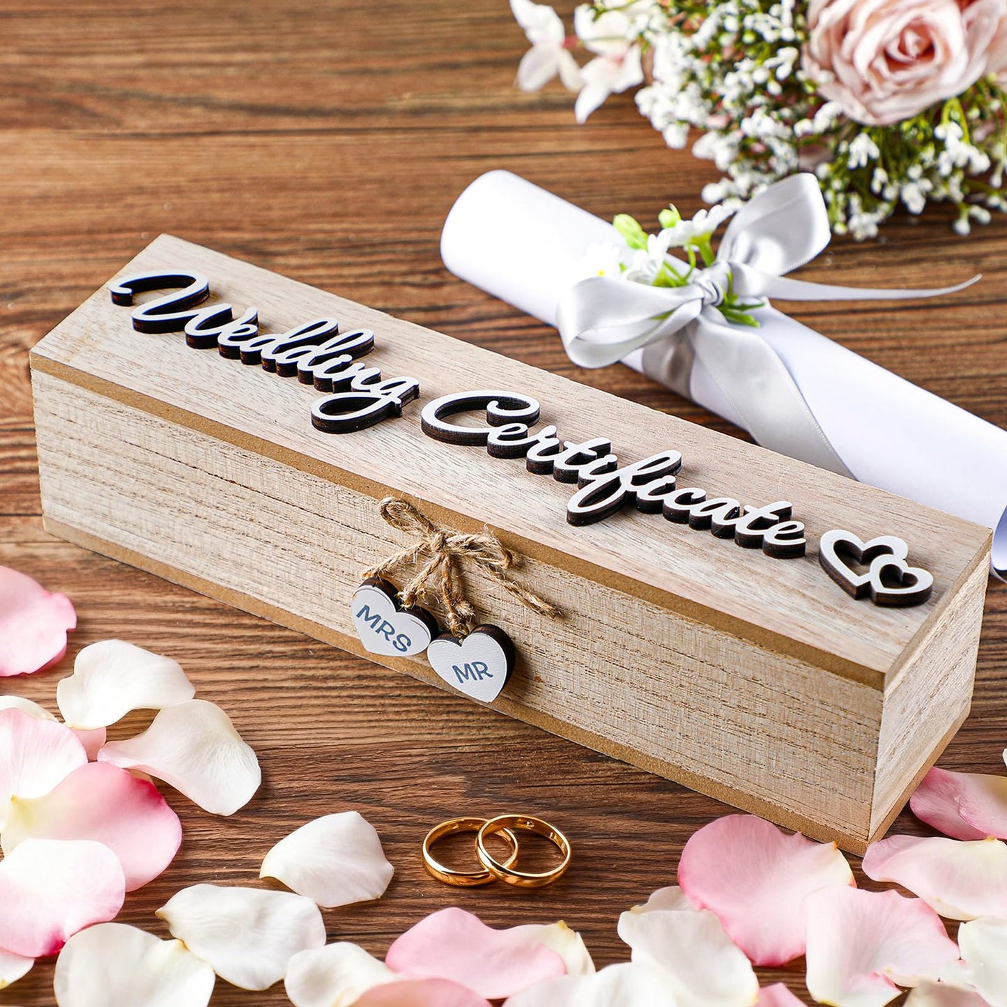 Thyle Mr & Mrs Wedding Certificate Holders Wooden Marriage License Keepsake Box with Bow and Magnetic Buckle Wedding Certificate Storage Box Gifts for Newlyweds Couples Gift(Natural Color)