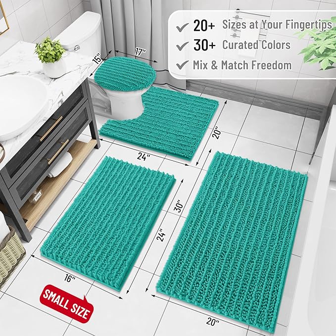 Arotive Luxury Chenille Bathroom Rug Mat, Extra Soft Thick Absorbent Shaggy Bath Rugs, Non-Slip Machine Wash Dry, Plush Bath Mats for Bathroom, Shower and Tub, 30x17, Teal
