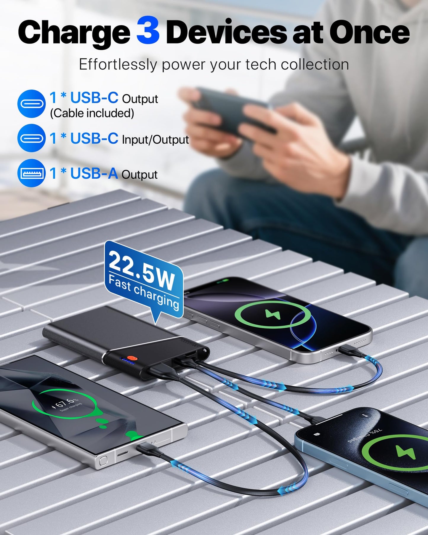 Aaoyun Portable Charger Power Bank, 10000mAh 22.5W PD Fast Charging Powerbank with Built-in USB C Cable, Slim External Phone Battery Pack for iPhone 17/16/15 Samsung S24 Android etc (Grey)