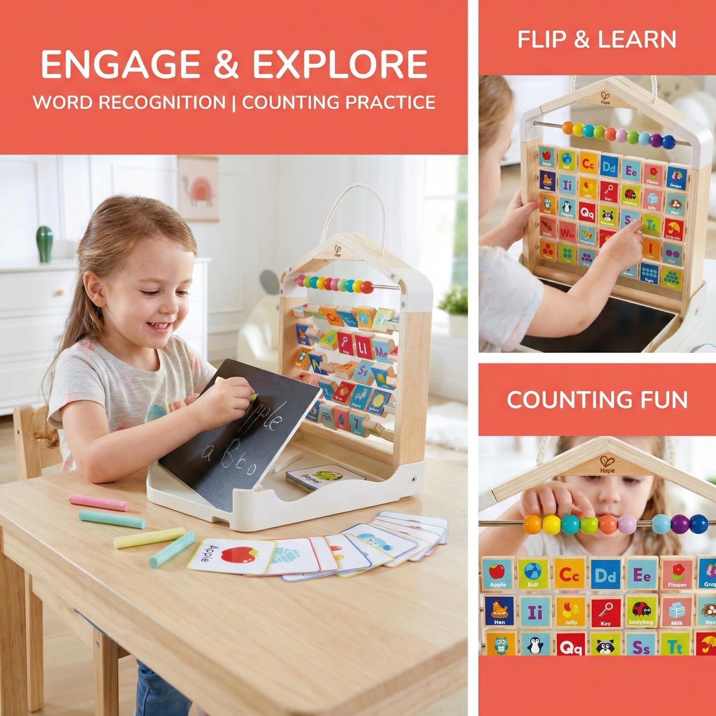 Hape Alphabet Learning Pack & Chalkboard Set for Toddlers - 35 Letter and Number Cards with Writing Board and Chalk - Educational STEM Toy for 3-6 Year Olds - Portable Travel Learning Case