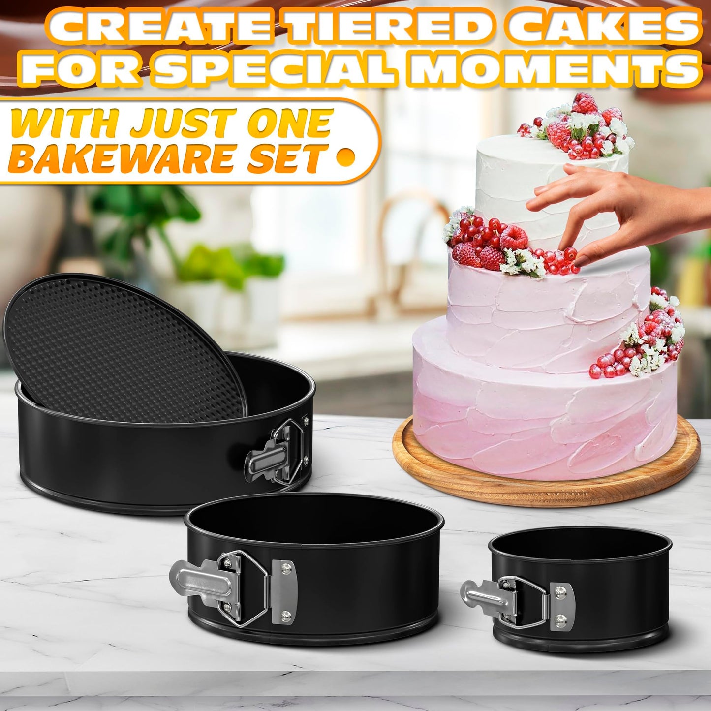 Spring Form Pan for Cheesecake - Leak Resistant Springform Pan Set, Easy-Open Latch, Removable Bottom, Clean Release, Nonstick Round Cake Pans Set, 60 Parchment Liners, Great as Kitchen Gifts for Mom