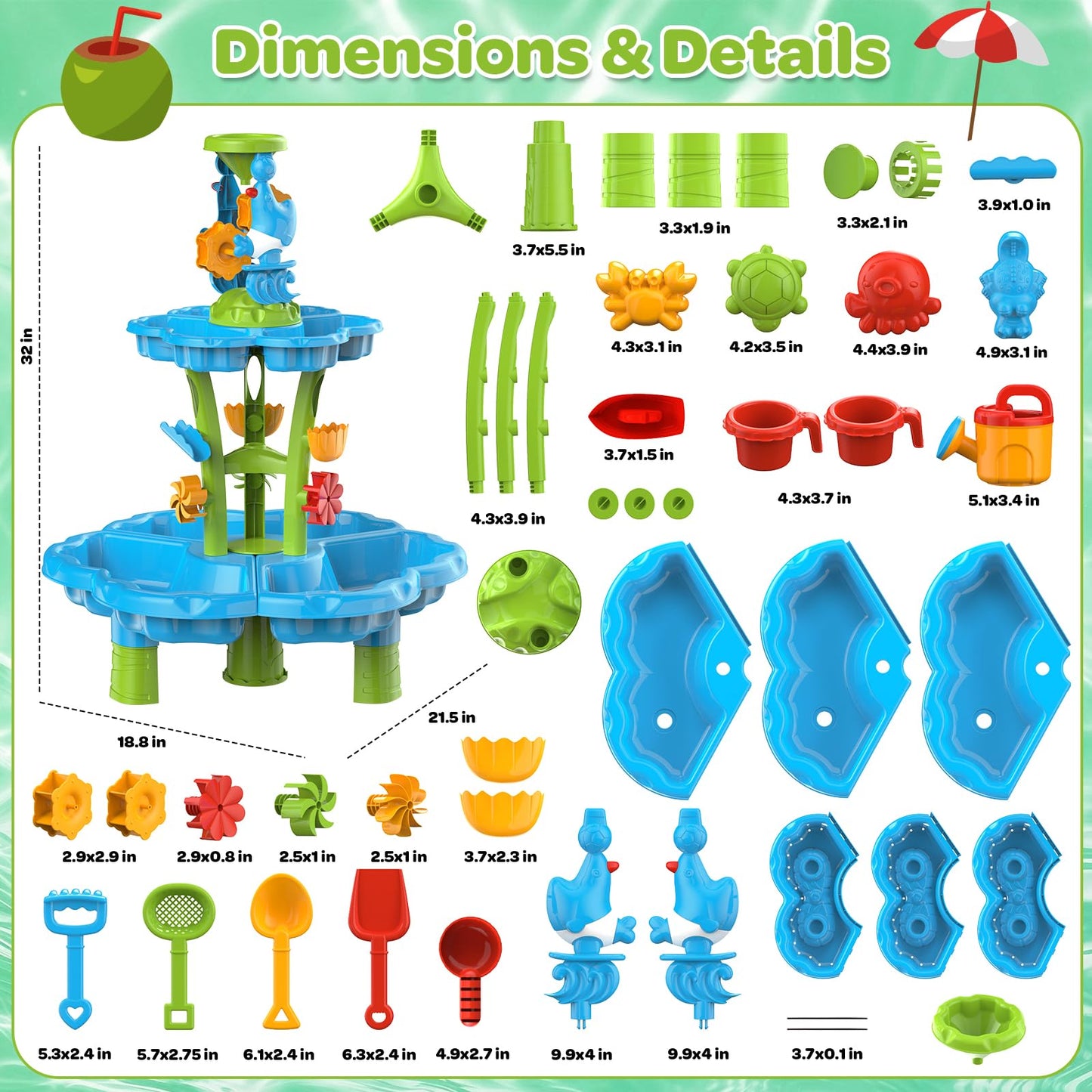JSDOOGOO 3-Tier Kids Toddlers Water Sand Table - Multifunctional Summer Outdoor Toys with Stable Design,Sensory Learning Backyard Poolside Beach Activity Playset Gift for Boys Girls(Azure)