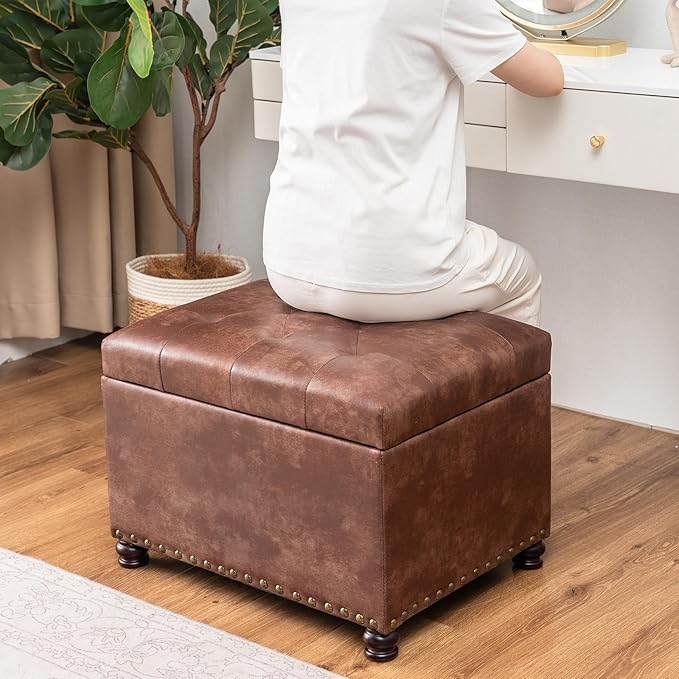 Joveco Leather Storage Ottoman, 24" Rectangle Tufted Square Upholstered Bench, Foot Rest Stool with Wood Legs, Footstool for Living Room Bedroom, Coffee