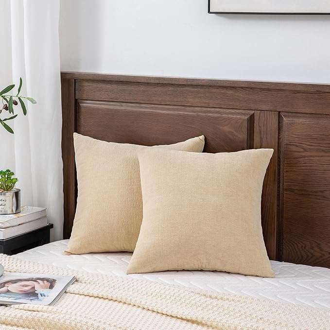 GAWAMAY Decorative Square Throw Pillow Covers 22"x22" Inch Set of 2, Super Soft Chenille Pillows Farmhouse Fall Pillowcase for Living Room Bedroom Sofa Couch Cushion Cover Beige 55x55cm (No Insert)