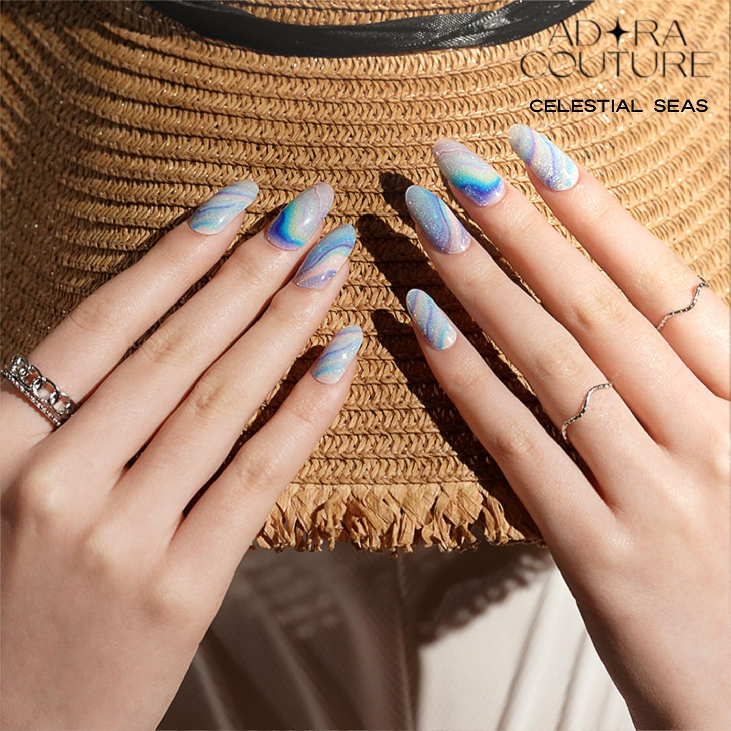 Adora Couture Semi Cured Gel Nail Strips with 20 Pieces - UV Gel Stickers, Manicure Kit, Easy Application Wraps Includes Prep Pads, Nail File, Wooden Stick - UV Light Required (Blue Sea)