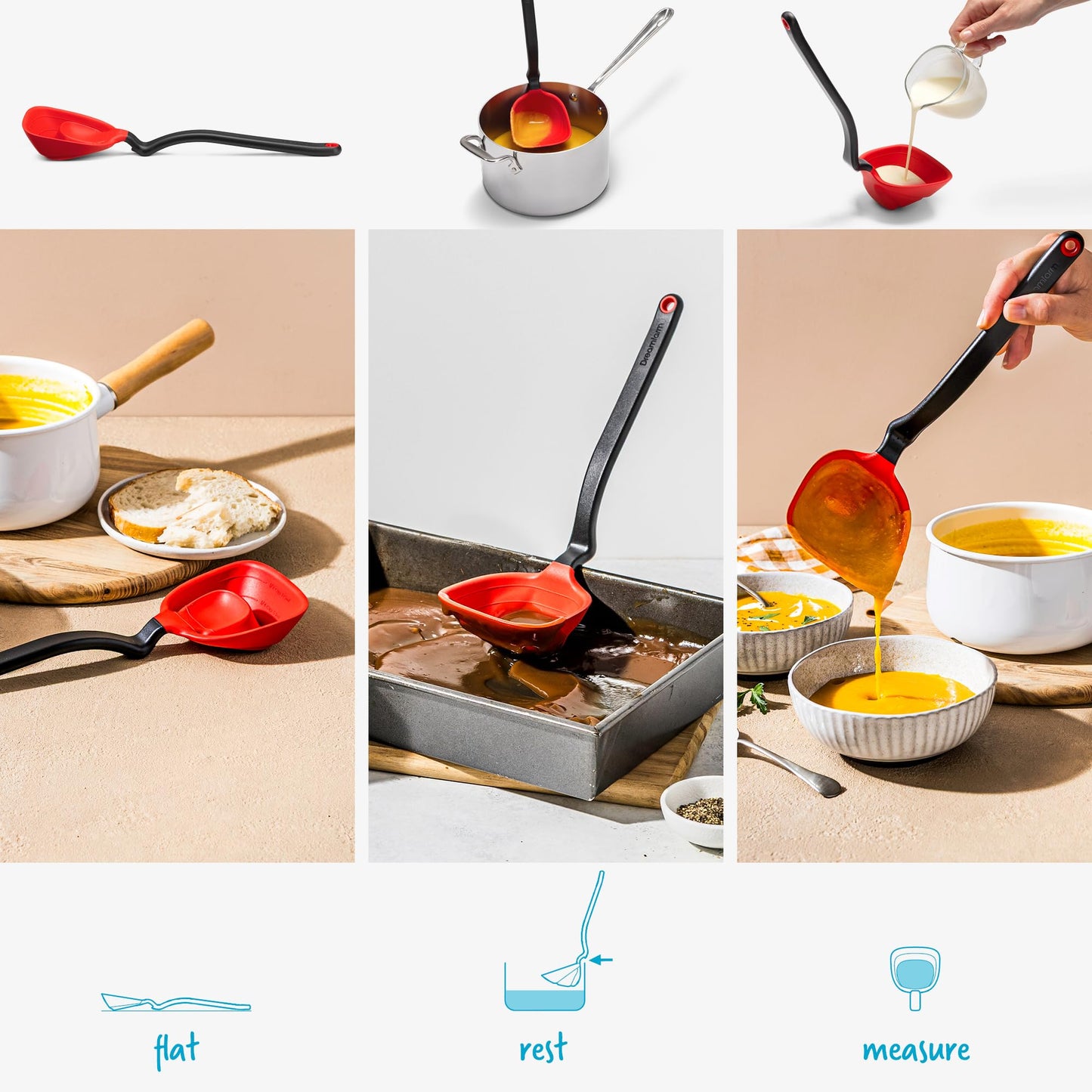 Dreamfarm Fladle Fold-Flat, Space-Saving Serving & Cooking Ladle Measures up to 1/2 Cup with Silicone Scraping Squeegee-Tip - 12" Red