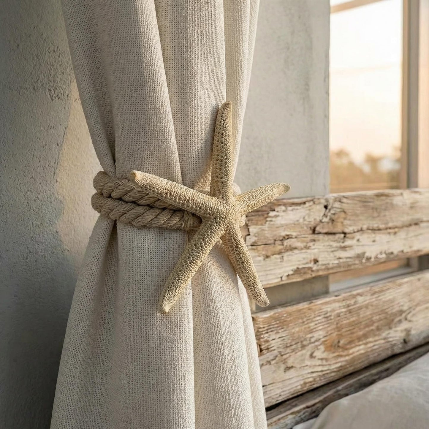 2-Pack Real Natural Starfish Curtain Tiebacks, Handmade Rope Holdbacks for Coastal Beach Theme Decor, Nautical Curtain Tie Backs for Bedroom Living Room Home Decoration