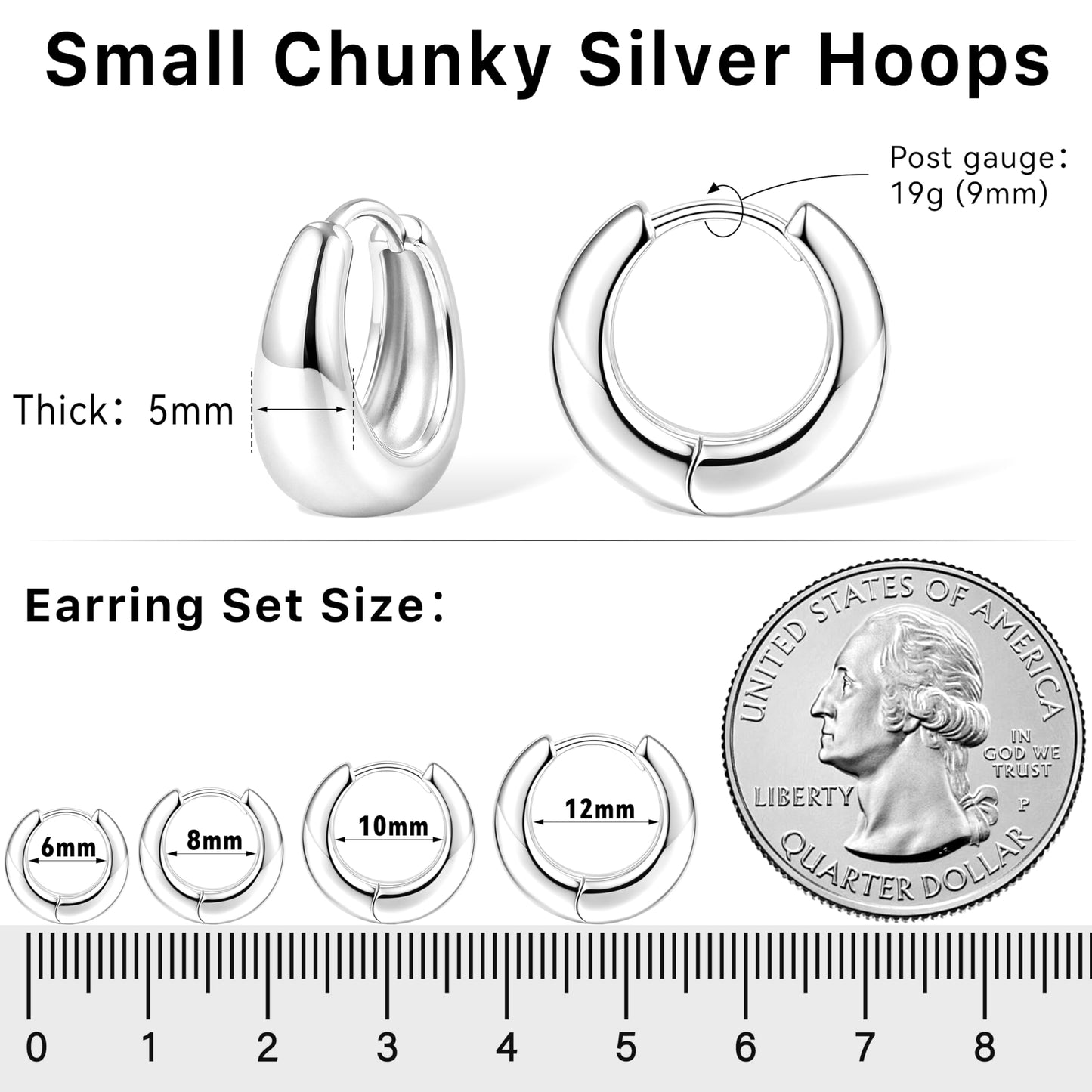 Silver Chunky Huggie Hoop Earrings Set for Women Men Silver Stack Cartilage Earrings Sets for Multiple Piercing Lightweight Mini Thin Cute Dainty Trendy Clip On Jewelry Gifts