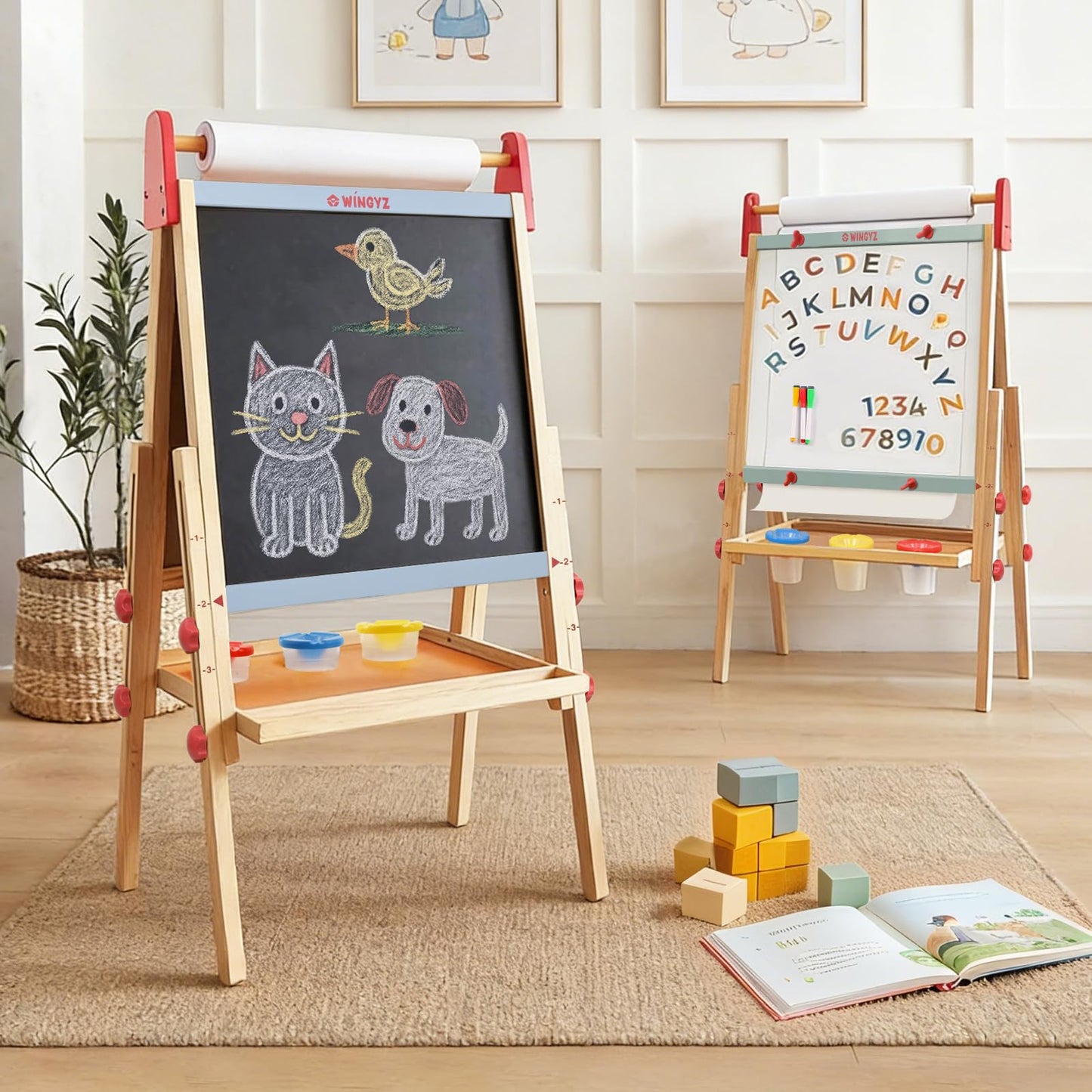 WINGYZ 3-in-1 Art Easel for Kids – Sturdy Pine Wood Easel with Magnetic Whiteboard, Chalkboard & 400" Paper Roll, Foldable Adjustable Heights for Ages 2-12, Complete Tool-Free Art Station