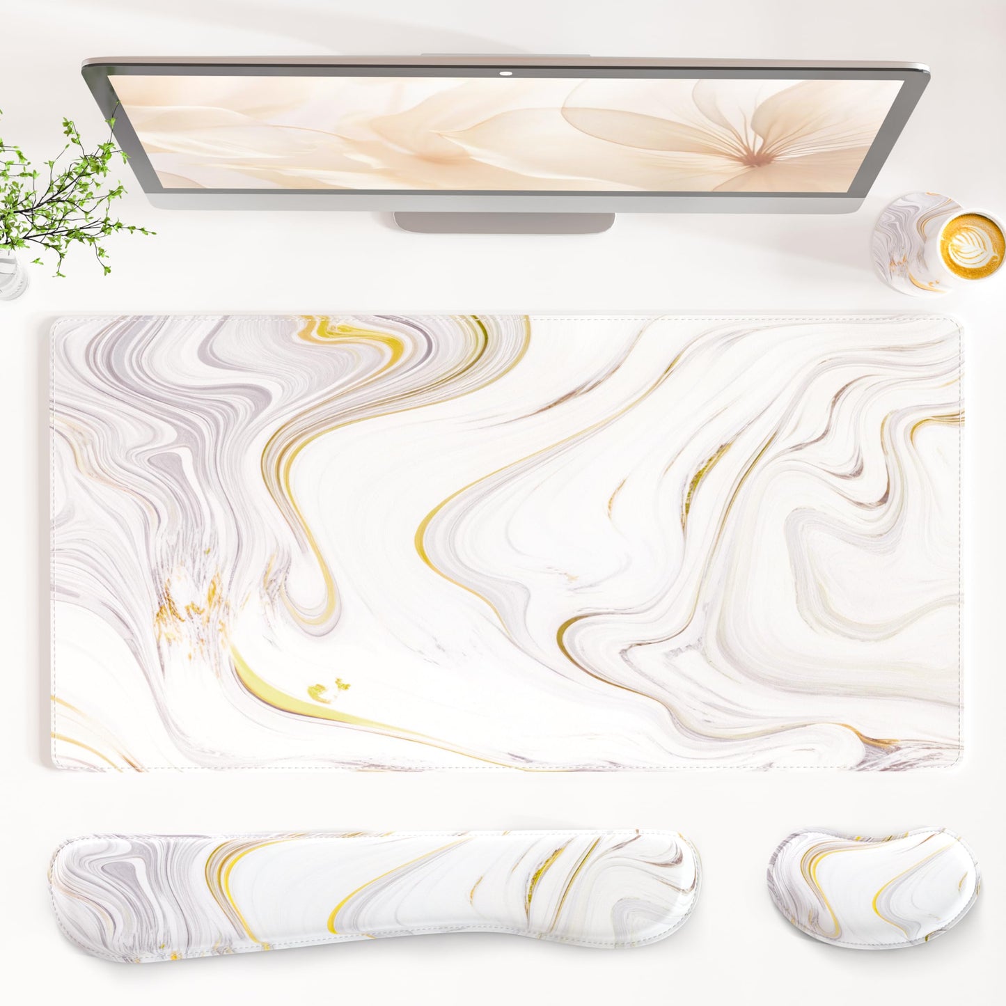 QiyI Leather Desk Mat Set, 4-in-1 Large Mouse Pad with Wrist Rest, Non-Slip Desk Pad + Keyboard Wrist Rest + Mouse Wrist Support + Coaster, Office Desk Accessories Home Decor Supplies, White Marble