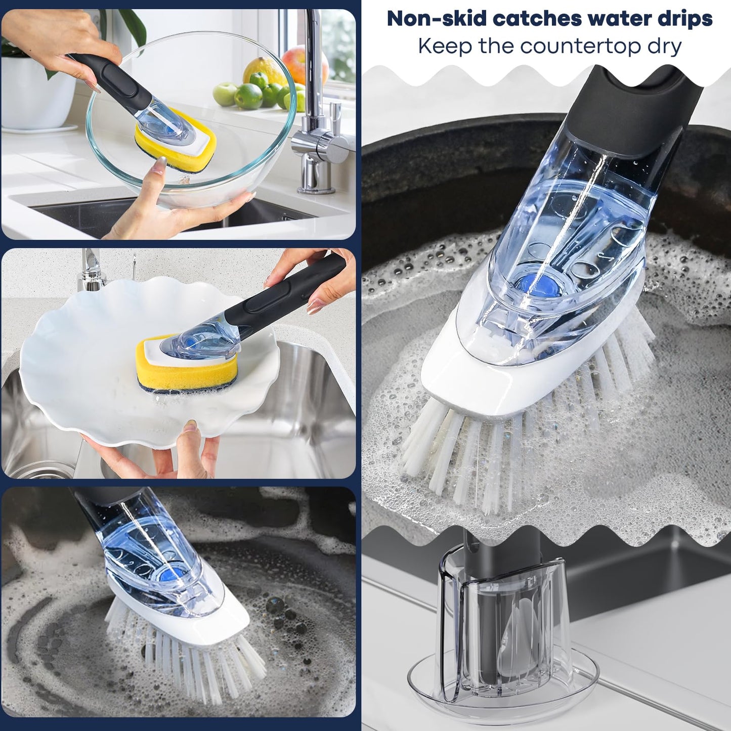 RIMAY Dish Brush with Soap Dispenser Storage Set with 2 PCS Brush Refills & Holder, Dish Scrubber with Soap Dispenser, Dish Soap Brush, Dish Wand with Soap Dispenser for Dishes, Pans, Sink, Pots