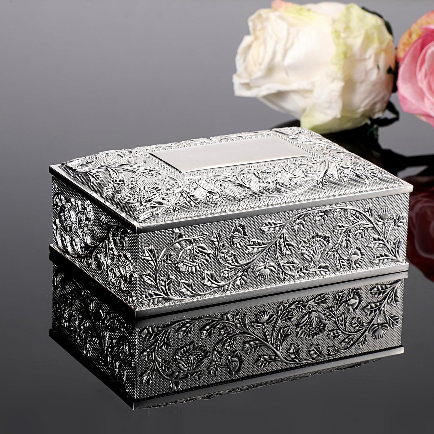 Hipiwe Rectangular Silver Jewelry Box Small Trinket Storage Box Deluxe Treasure Chest Case Earring Ring Necklace Organizer Decorative Keepsake Box Christmas Gift for Women