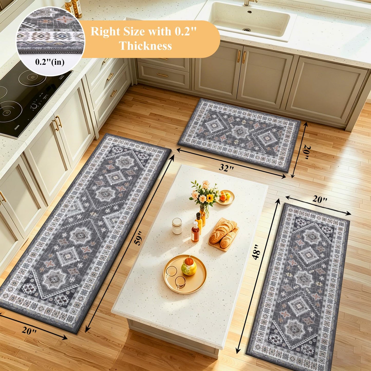 HEBE Boho Kitchen Rug Sets 3 Piece with Runner Non Slip Kitchen Rugs and Mats Washable Kitchen Mats for Floor Thick Kitchen Floor Mat Carpet Runner Rugs for Hallway Laundry Holiday Decor
