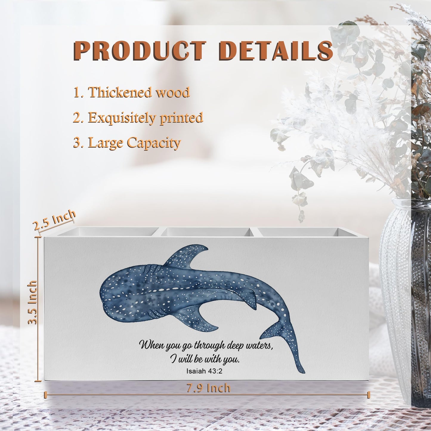 Exqcom Whale Shark Bible Verses Pen Pencil Holder, Inspirational Christian Desk Decor, When You Go Through Deep Waters Scripture Pencil Pen Holder Organizer for Home Office Desk Accessories