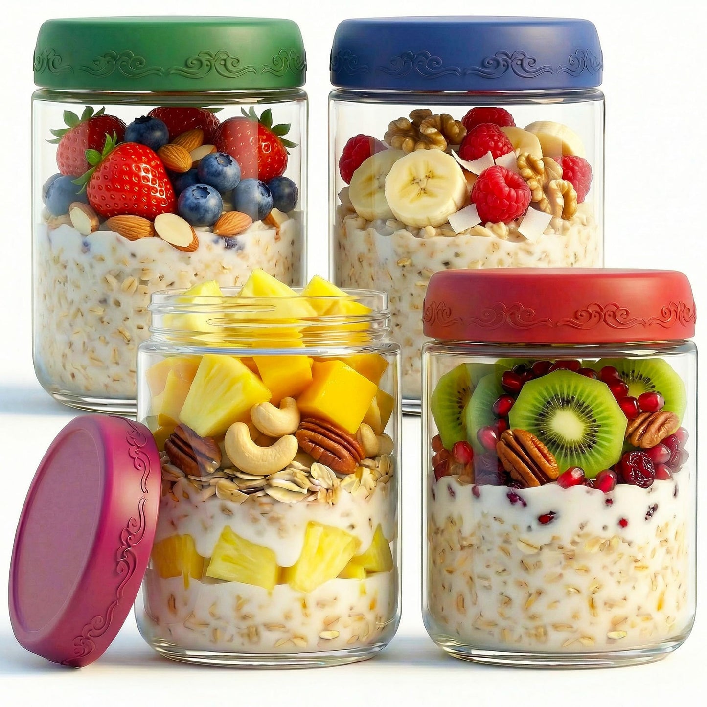 GLATABAM 16 OZ 4Pack, Overnight Oats Jars with Lids, Glass Meal Prep Containers, Airtight Mason Jars for Breakfast, Yogurt Parfait, Salad & Smoothies, Leakproof and Reusable Food Storage Jars(4-1)