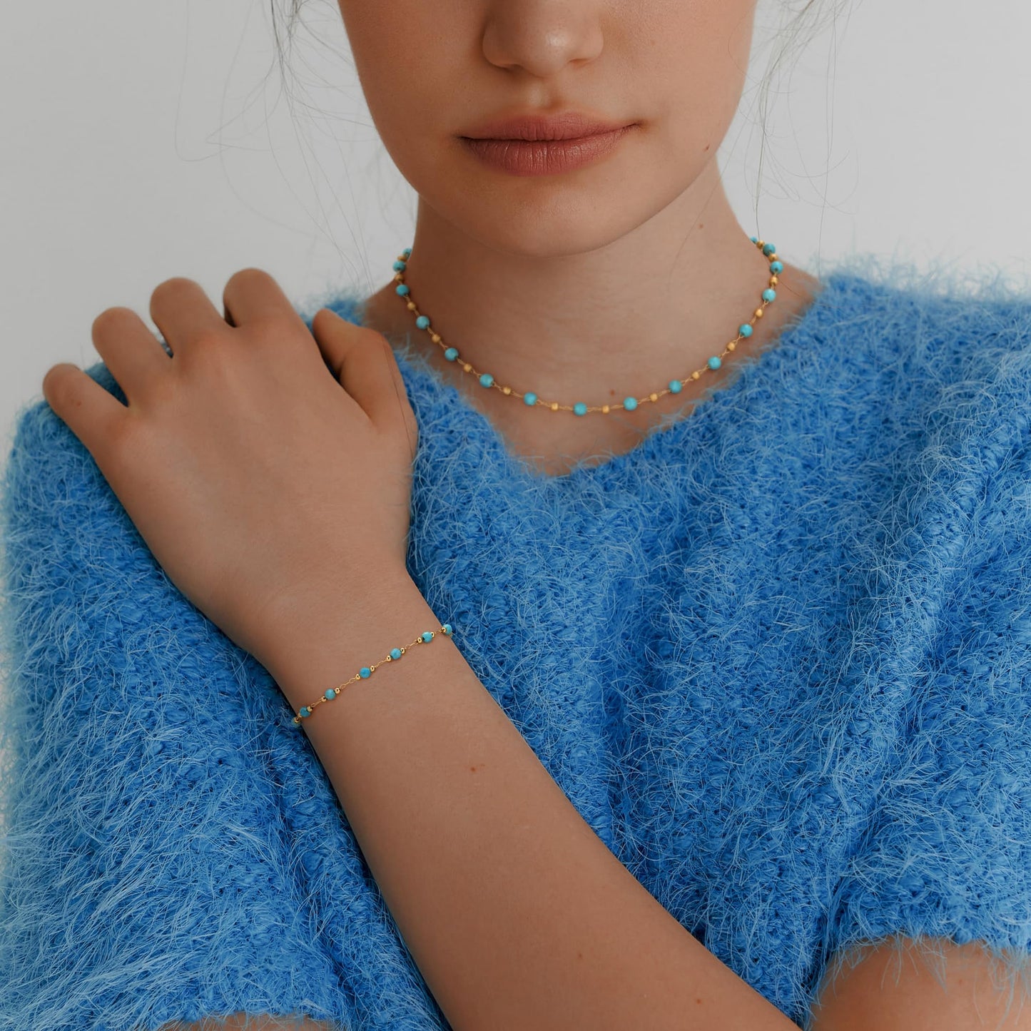 MEVECCO Gold Round Turquoise Beaded Bracelets,14K Gold Plated Handmade Cute Dainty Bracelet for Women